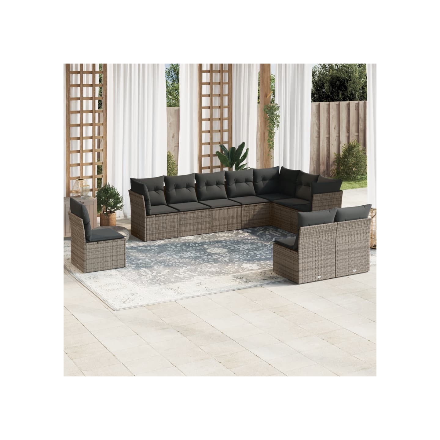 Salon de jardin avec coussins 10 pcs gris résine tressée