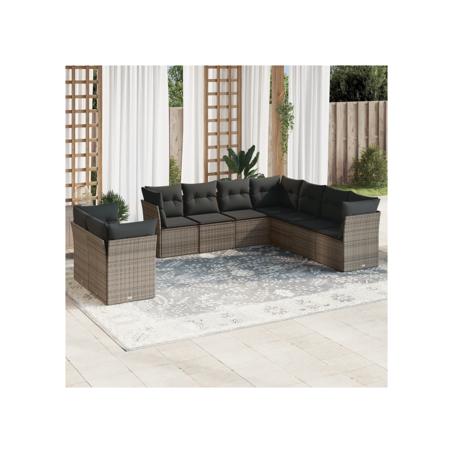 Salon de jardin 9 pcs avec coussins gris résine tressée