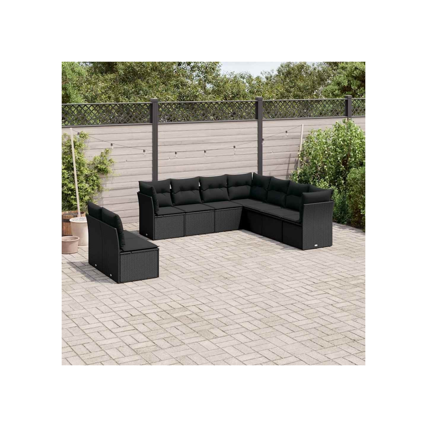 Salon de jardin 9 pcs avec coussins noir résine tressée