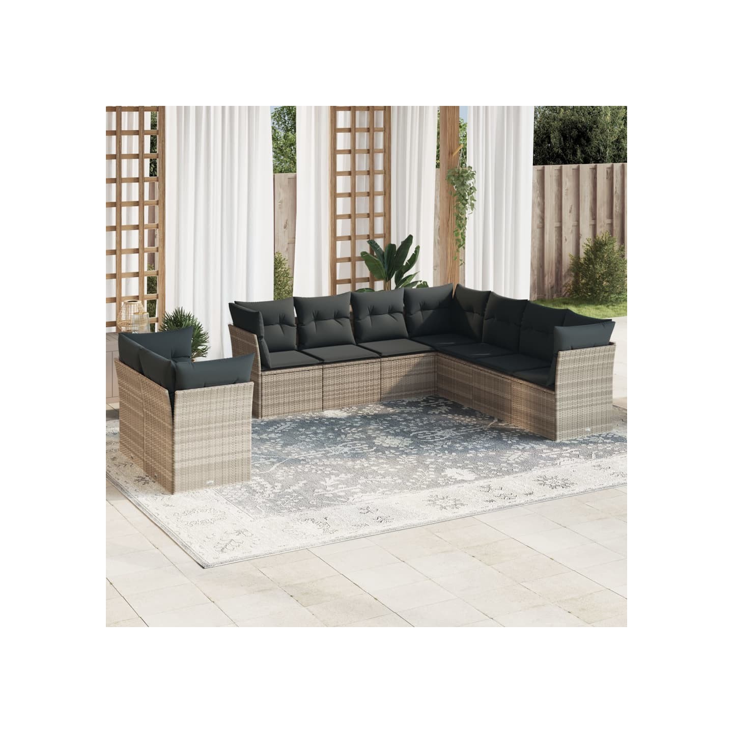 Salon de jardin 9 pcs avec coussins gris clair résine tressée