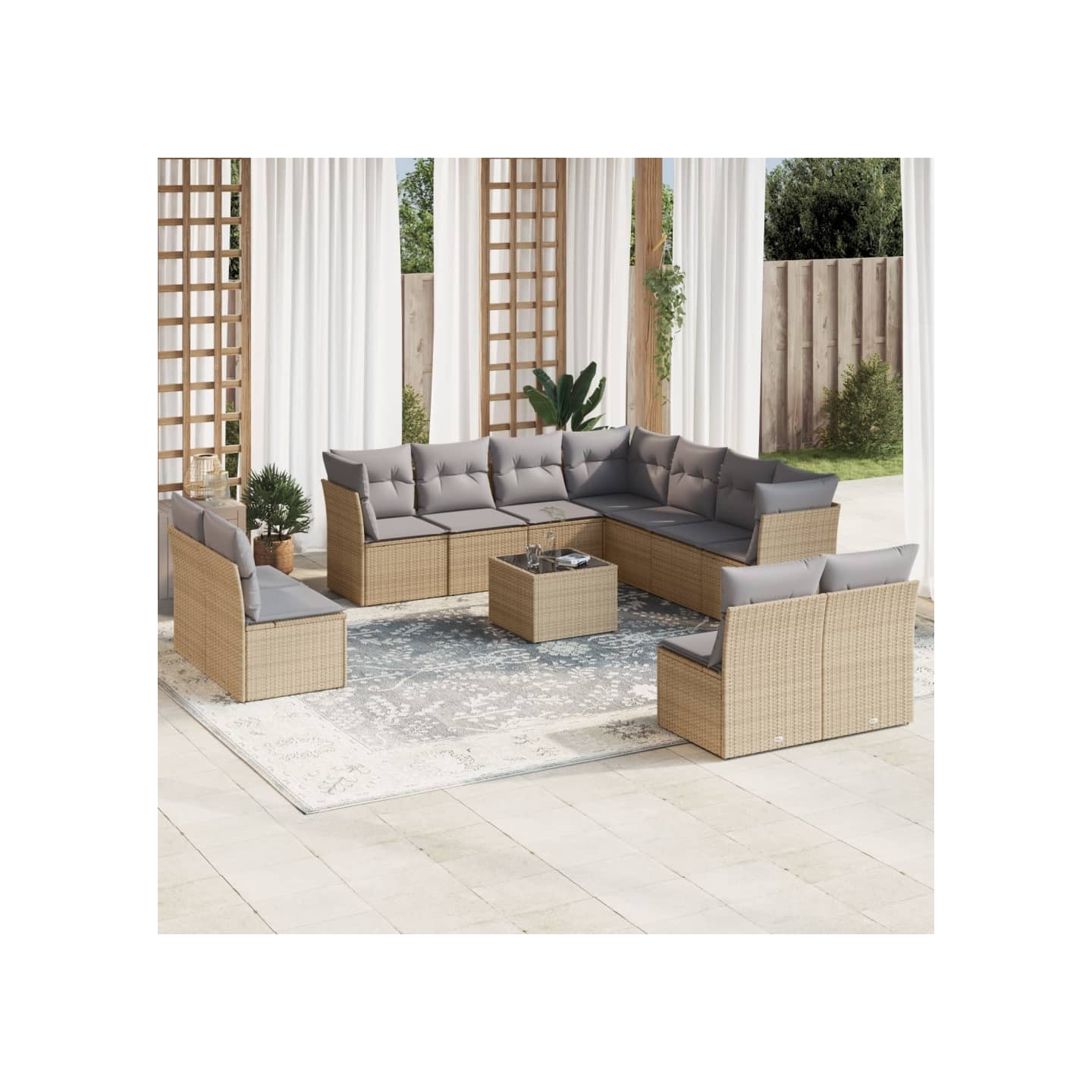 Salon de jardin avec coussins 12 pcs beige résine tressée