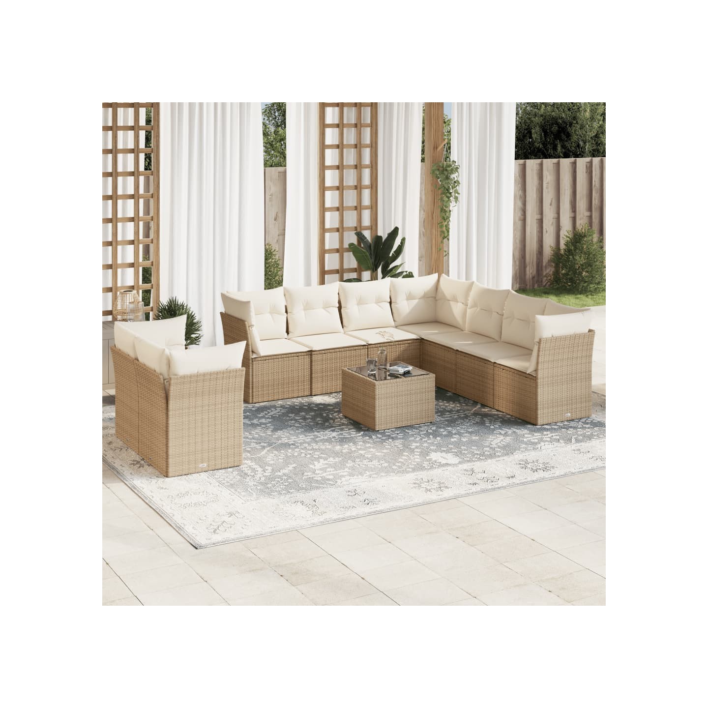 Salon de jardin avec coussins 10 pcs beige résine tressée