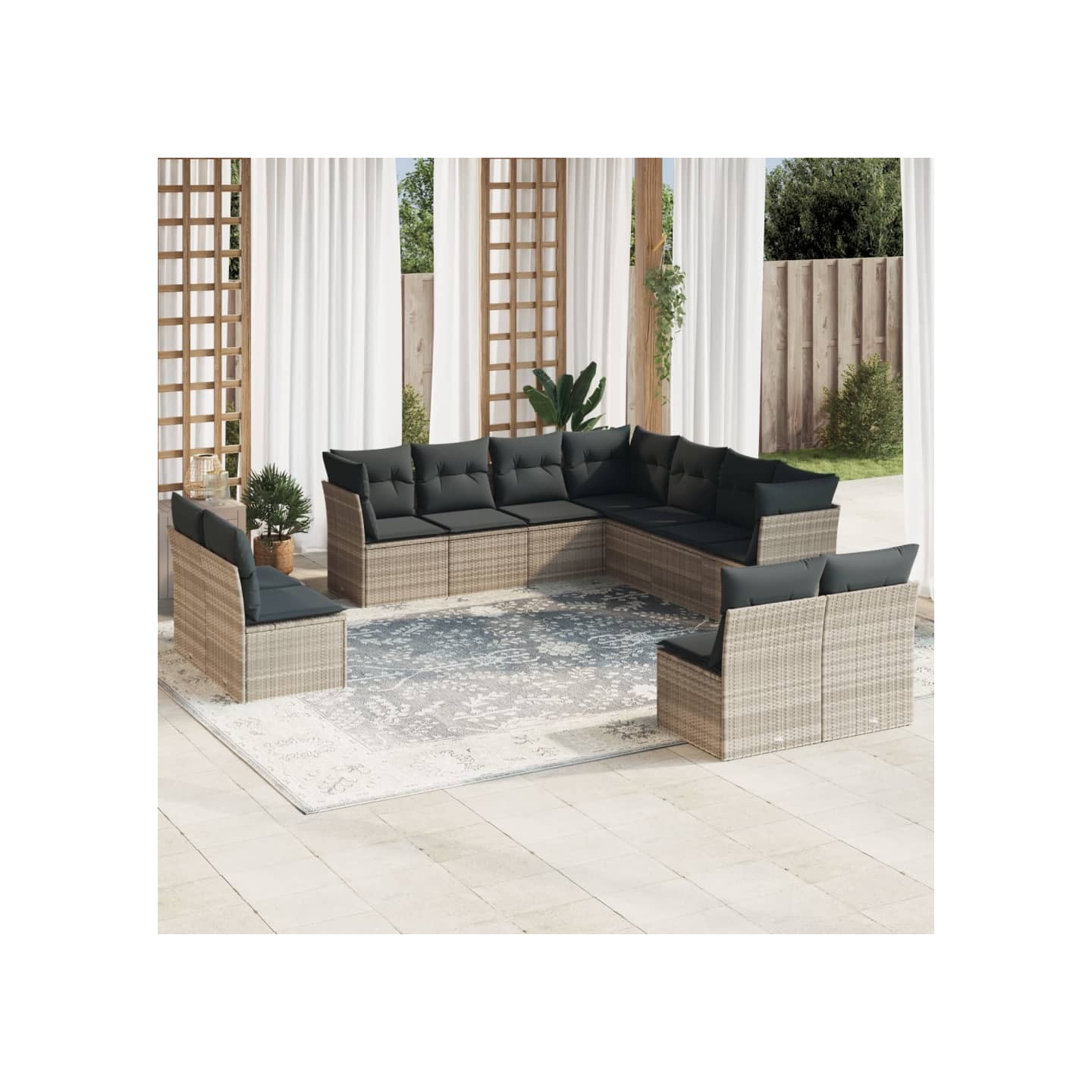 Salon de jardin 11 pcs avec coussins gris clair résine tressée