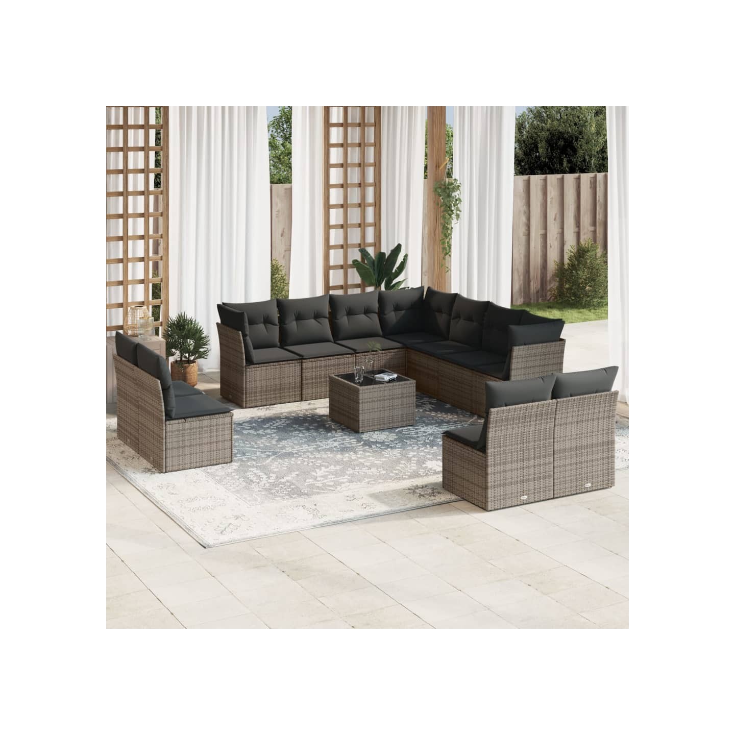Salon de jardin avec coussins 12 pcs gris résine tressée