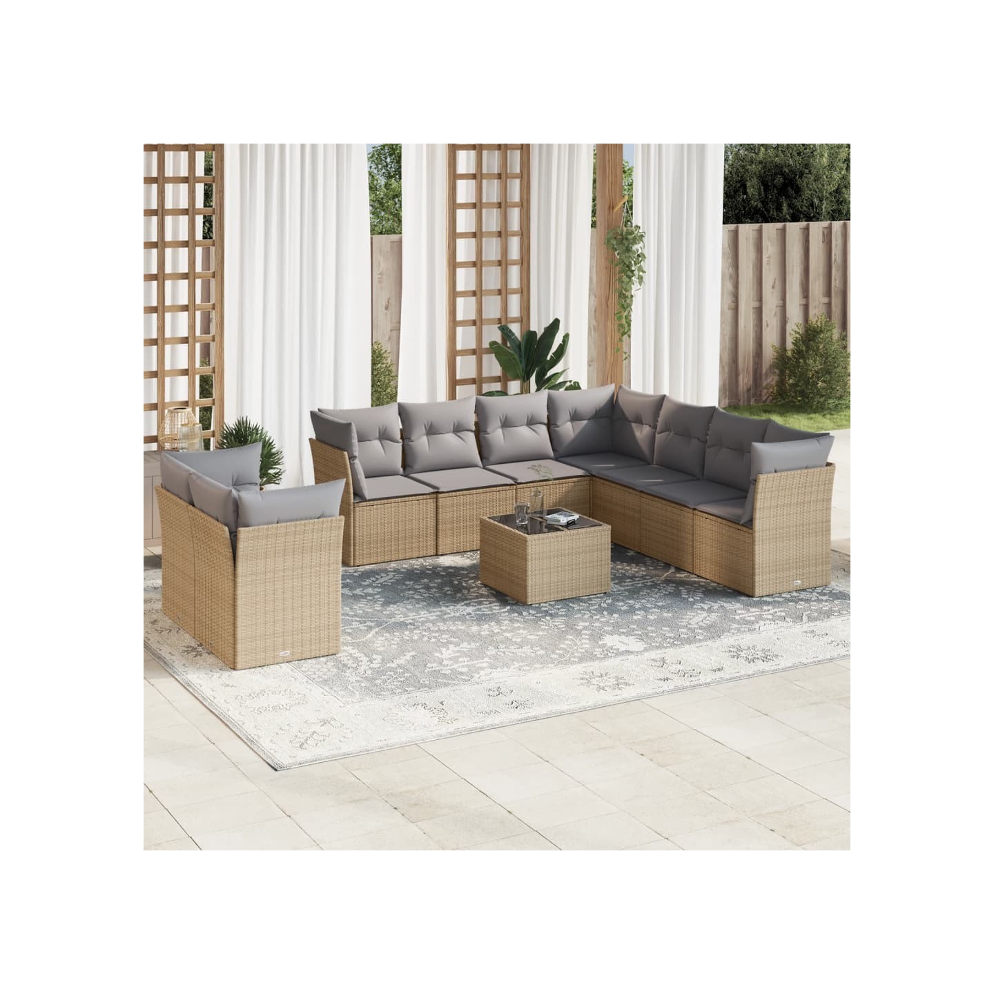 Salon de jardin avec coussins 10 pcs beige résine tressée