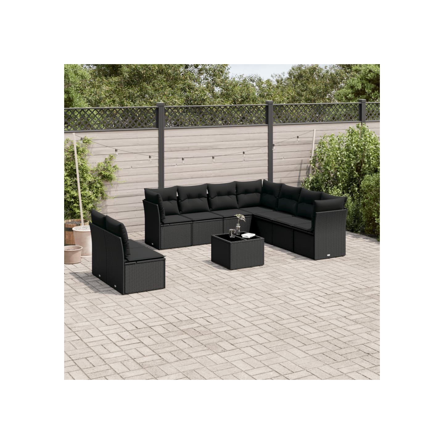 Salon de jardin 10 pcs avec coussins noir résine tressée