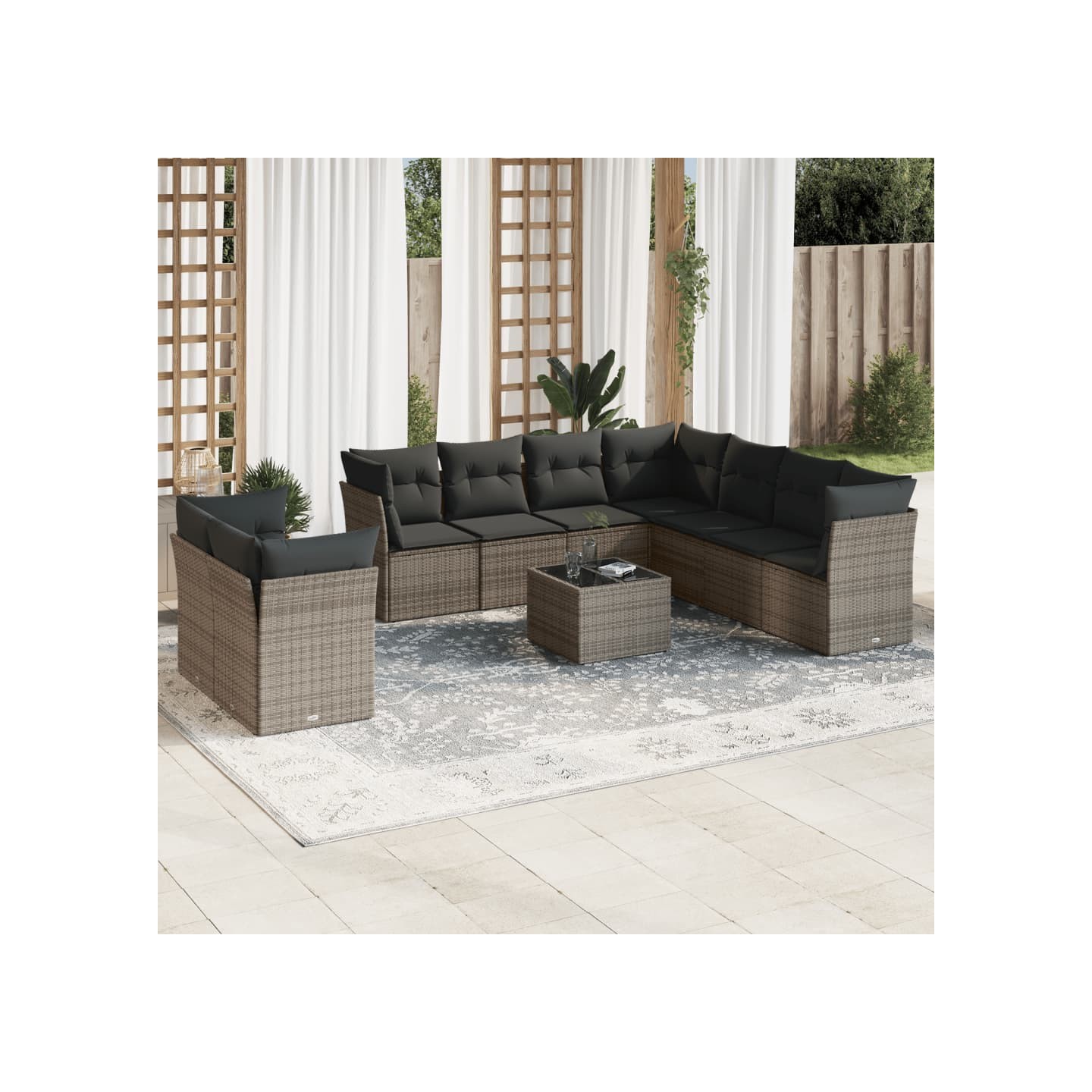 Salon de jardin avec coussins 10 pcs gris résine tressée