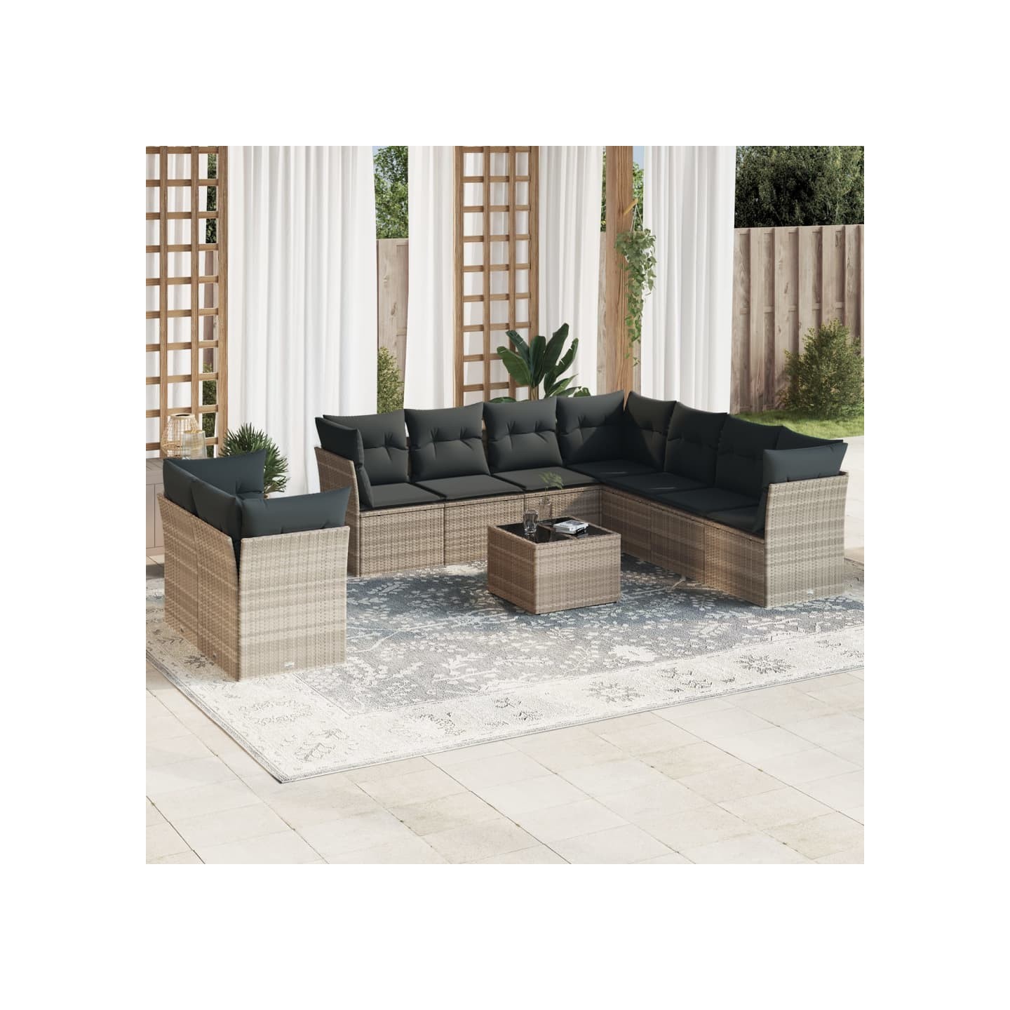 Salon de jardin avec coussins 10 pcs gris clair résine tressée