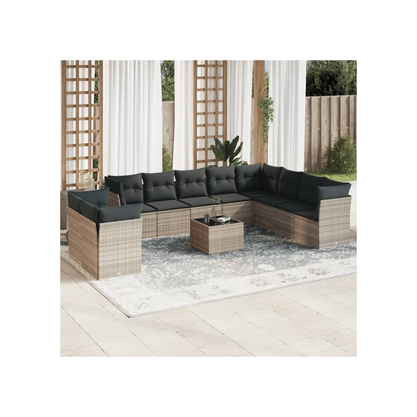 Salon de jardin 11 pcs avec coussins gris clair résine tressée