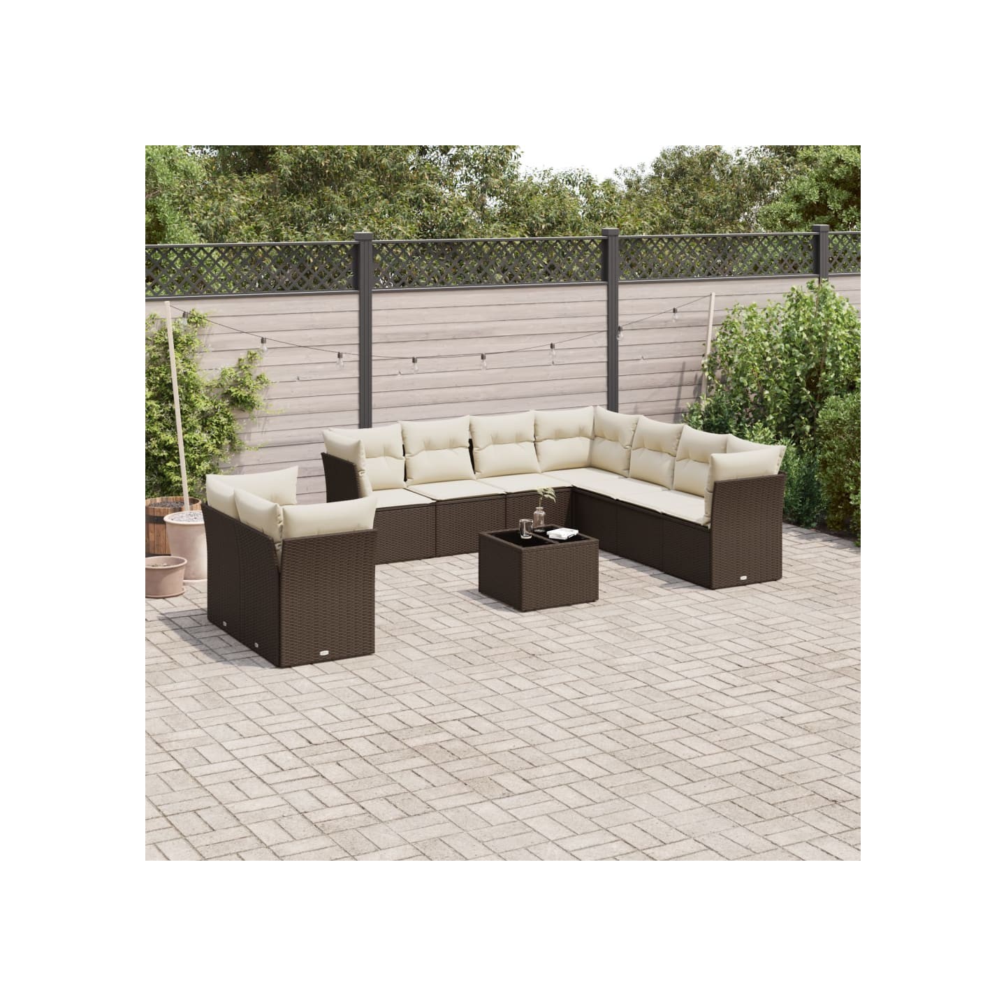 Salon de jardin 10 pcs avec coussins marron résine tressée
