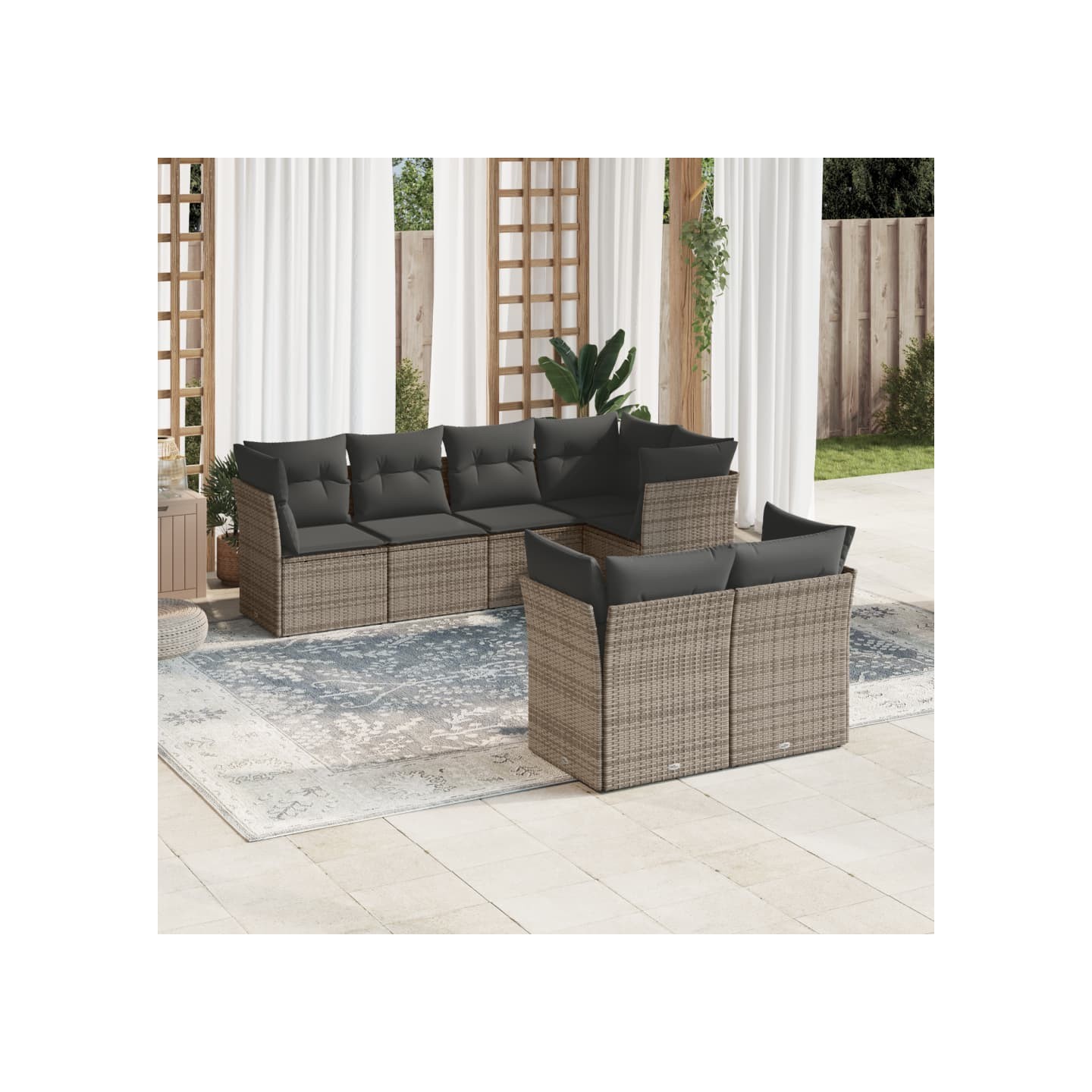 Salon de jardin avec coussins 7 pcs gris résine tressée