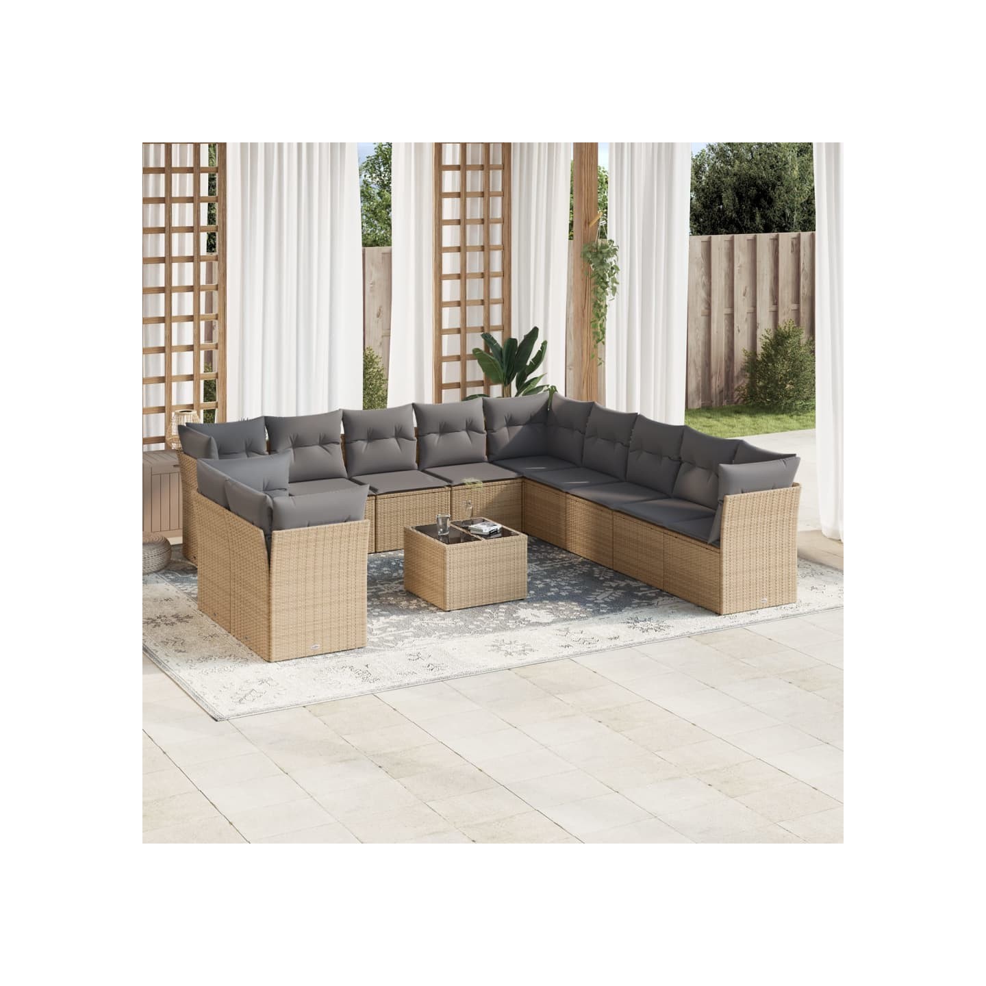 Salon de jardin avec coussins 12 pcs beige résine tressée