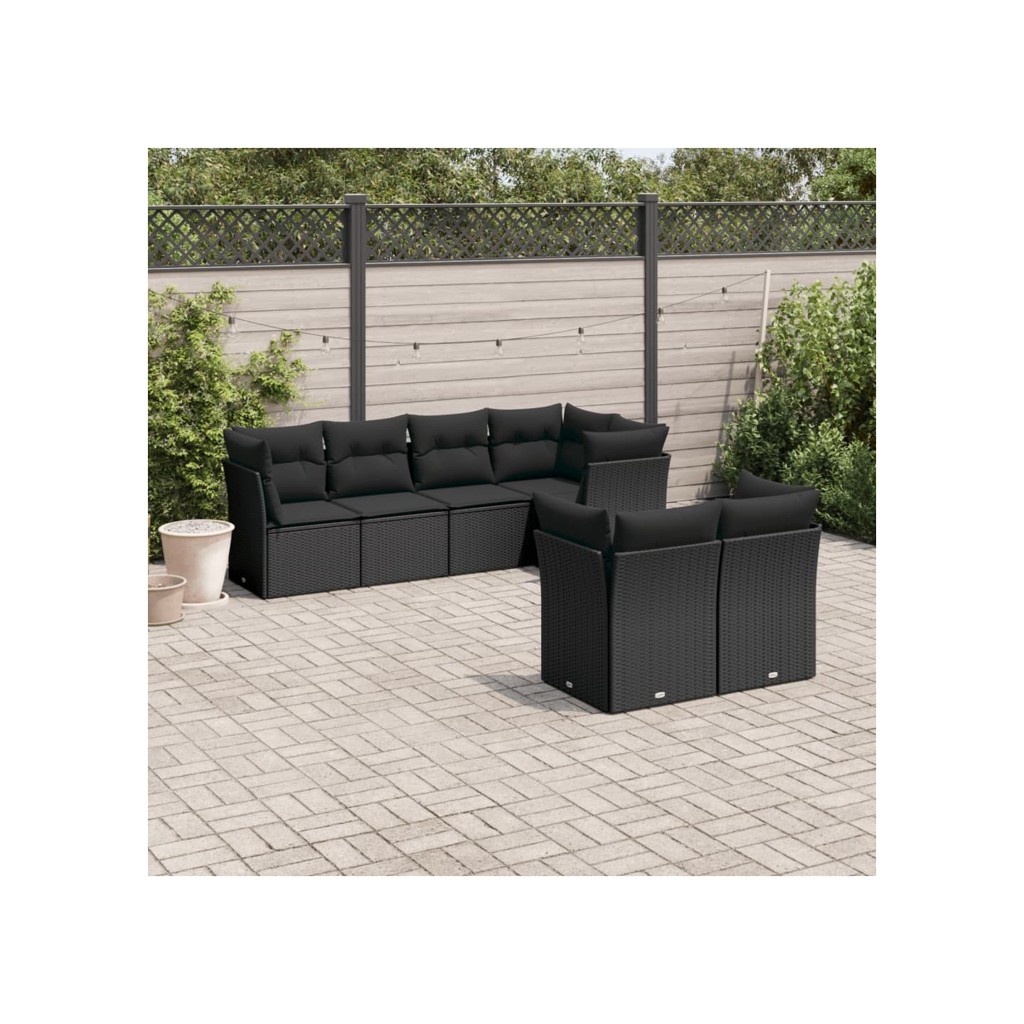 Salon de jardin 7 pcs avec coussins noir résine tressée