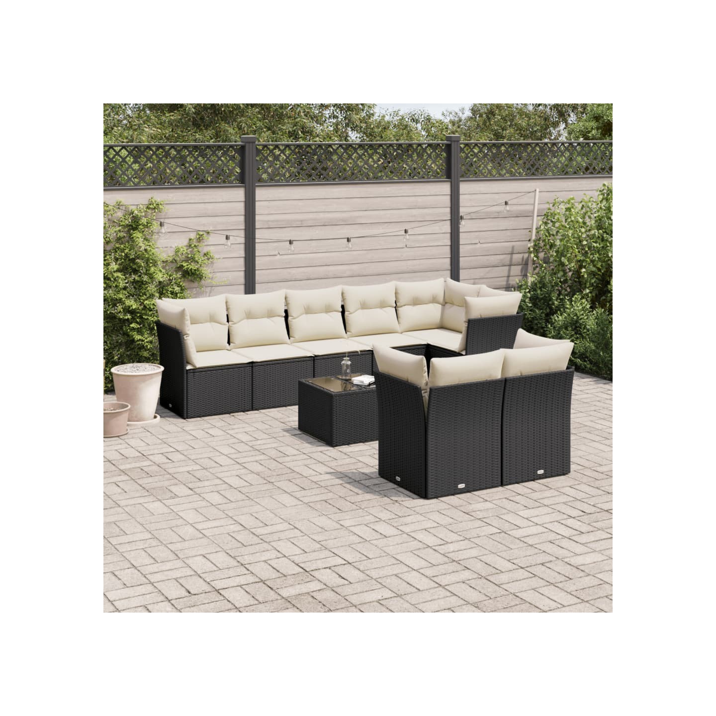 Salon de jardin 9 pcs avec coussins noir résine tressée
