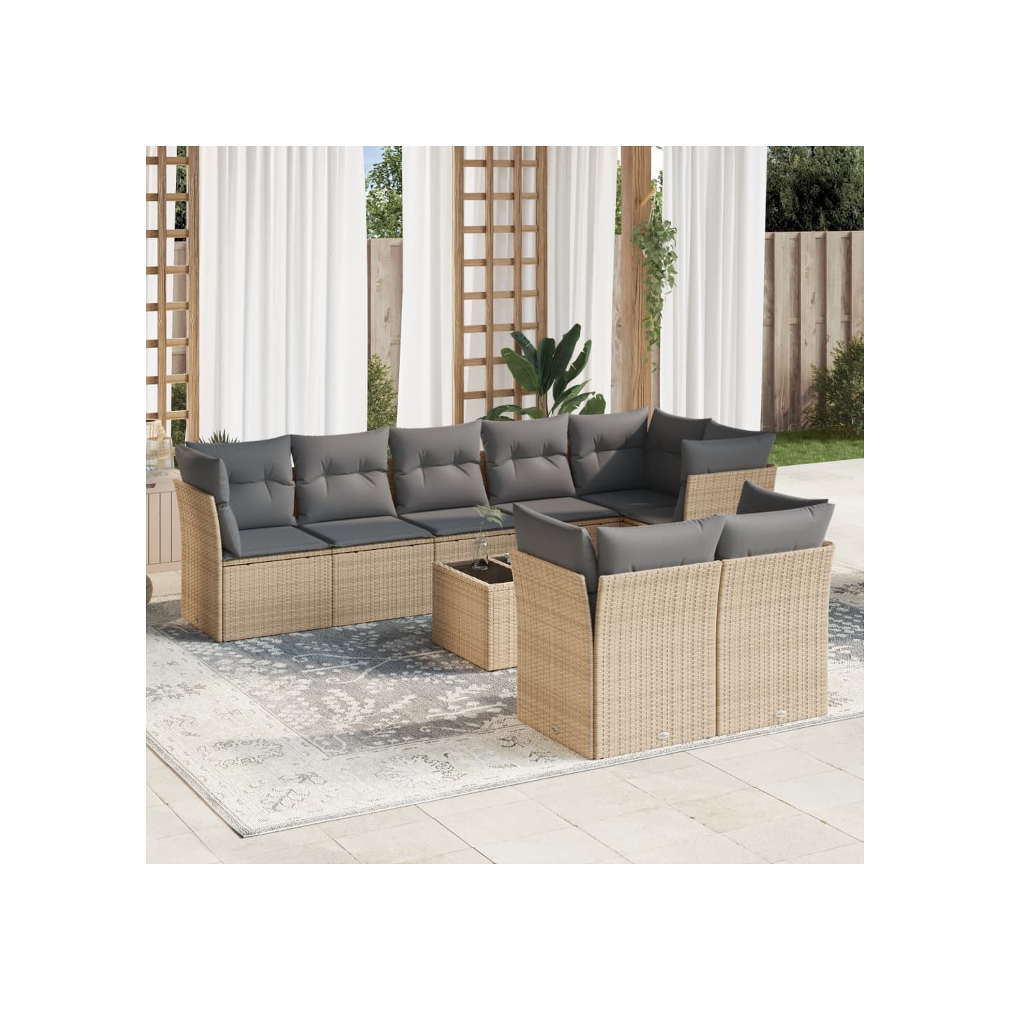 Salon de jardin avec coussins 9 pcs beige résine tressée