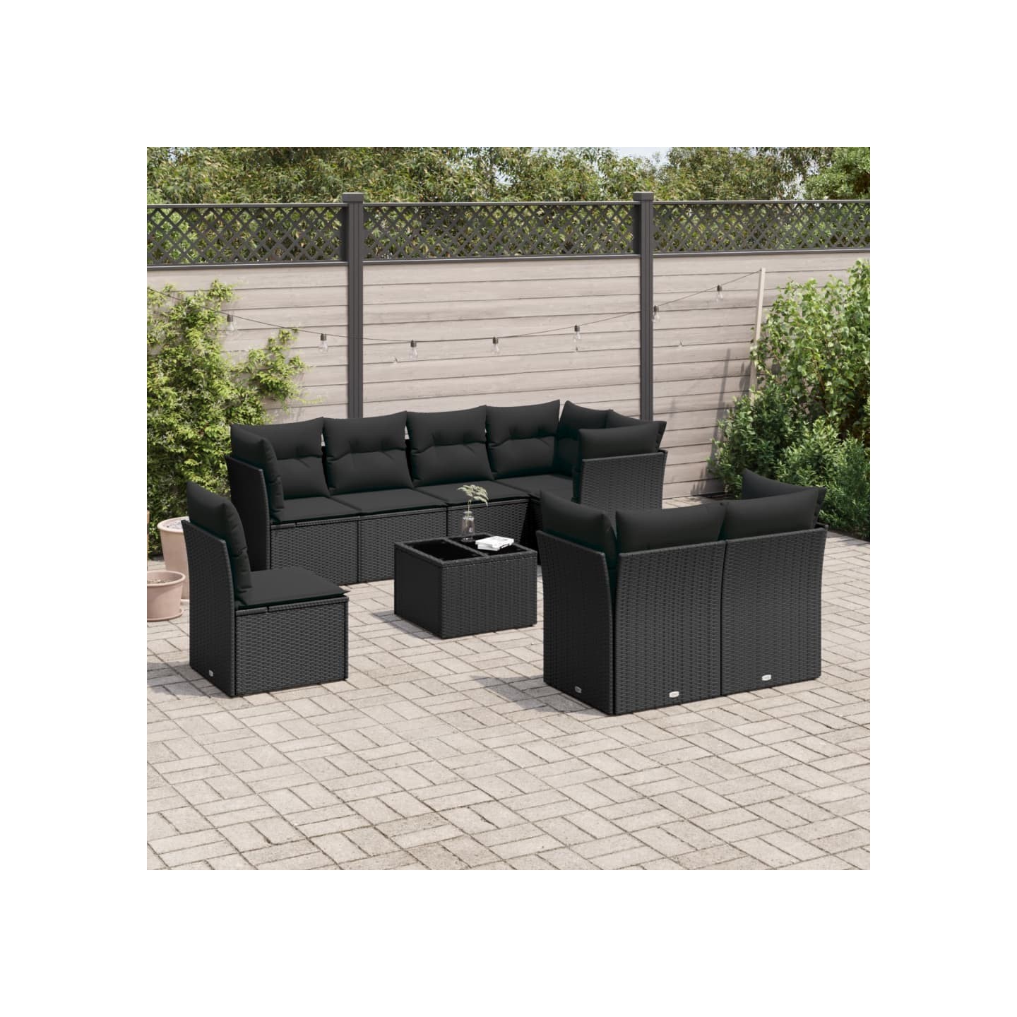 Salon de jardin 9 pcs avec coussins noir résine tressée