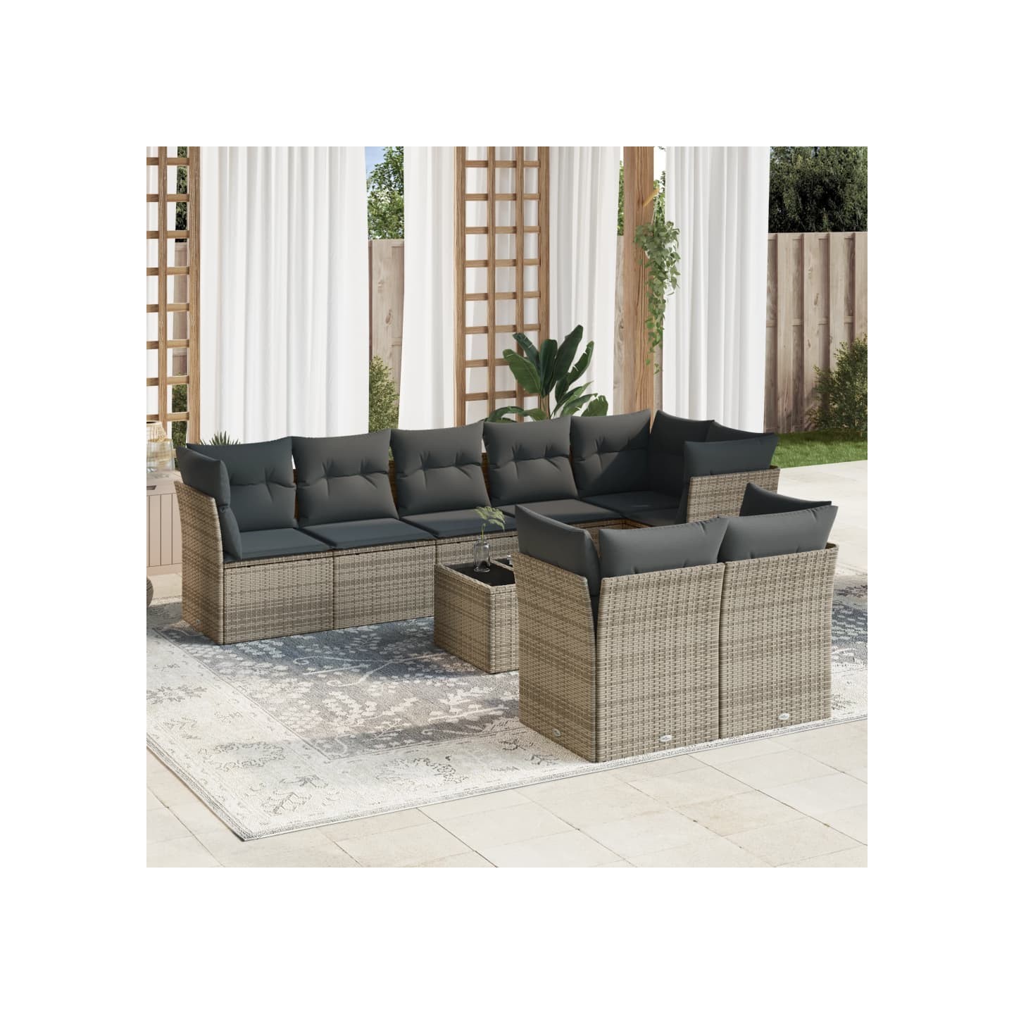 Salon de jardin 9 pcs avec coussins gris résine tressée