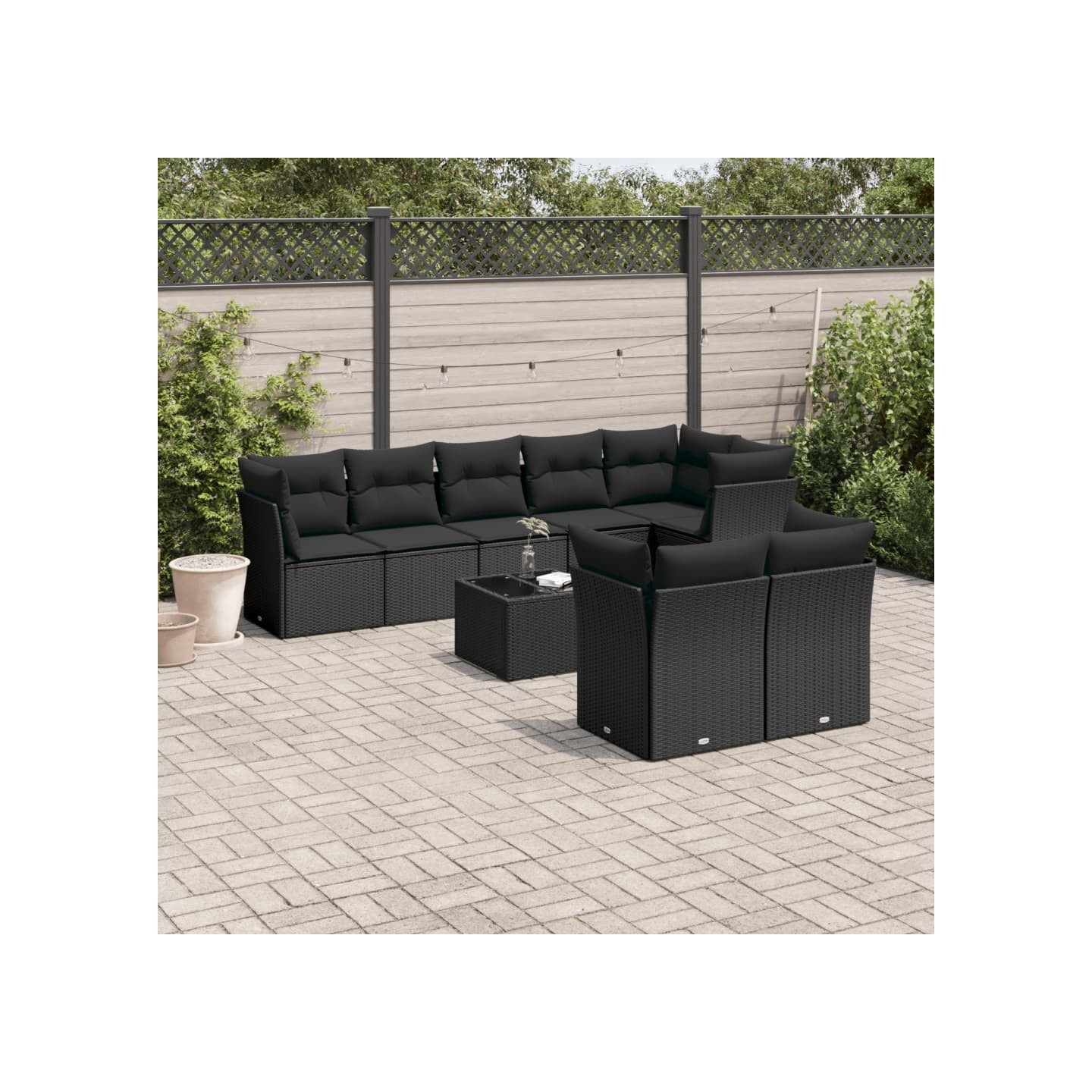 Salon de jardin 9 pcs avec coussins noir résine tressée