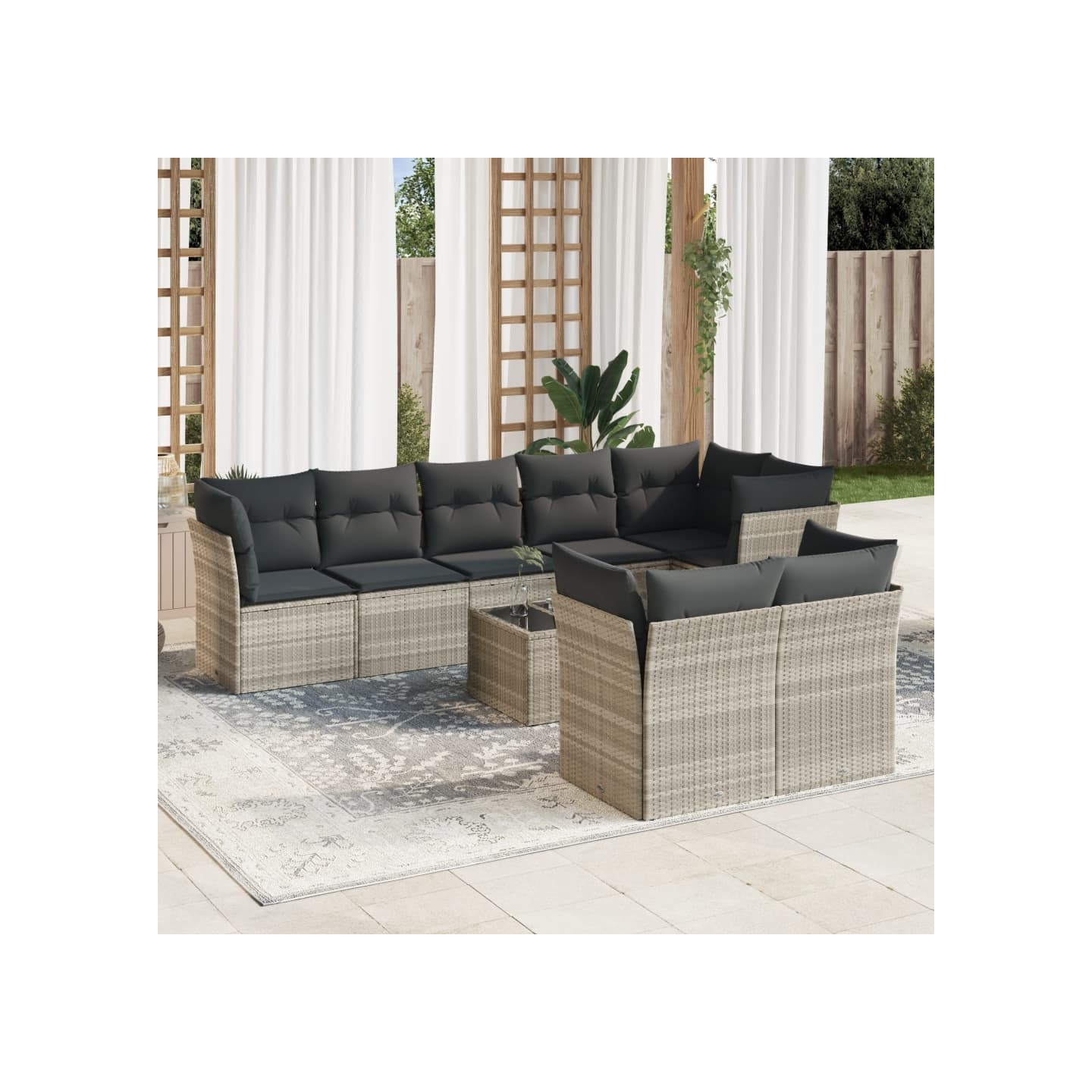 Salon de jardin 9 pcs avec coussins gris clair résine tressée
