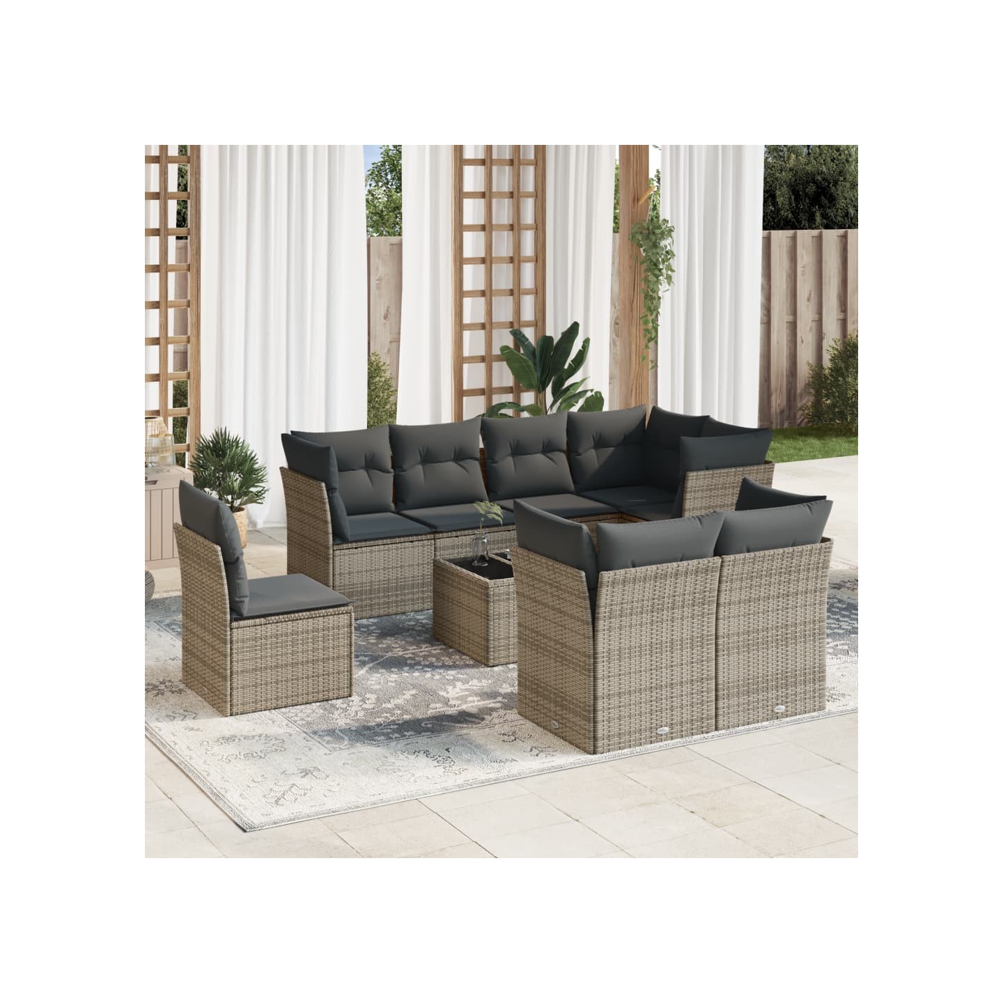 Salon de jardin 9 pcs avec coussins gris résine tressée