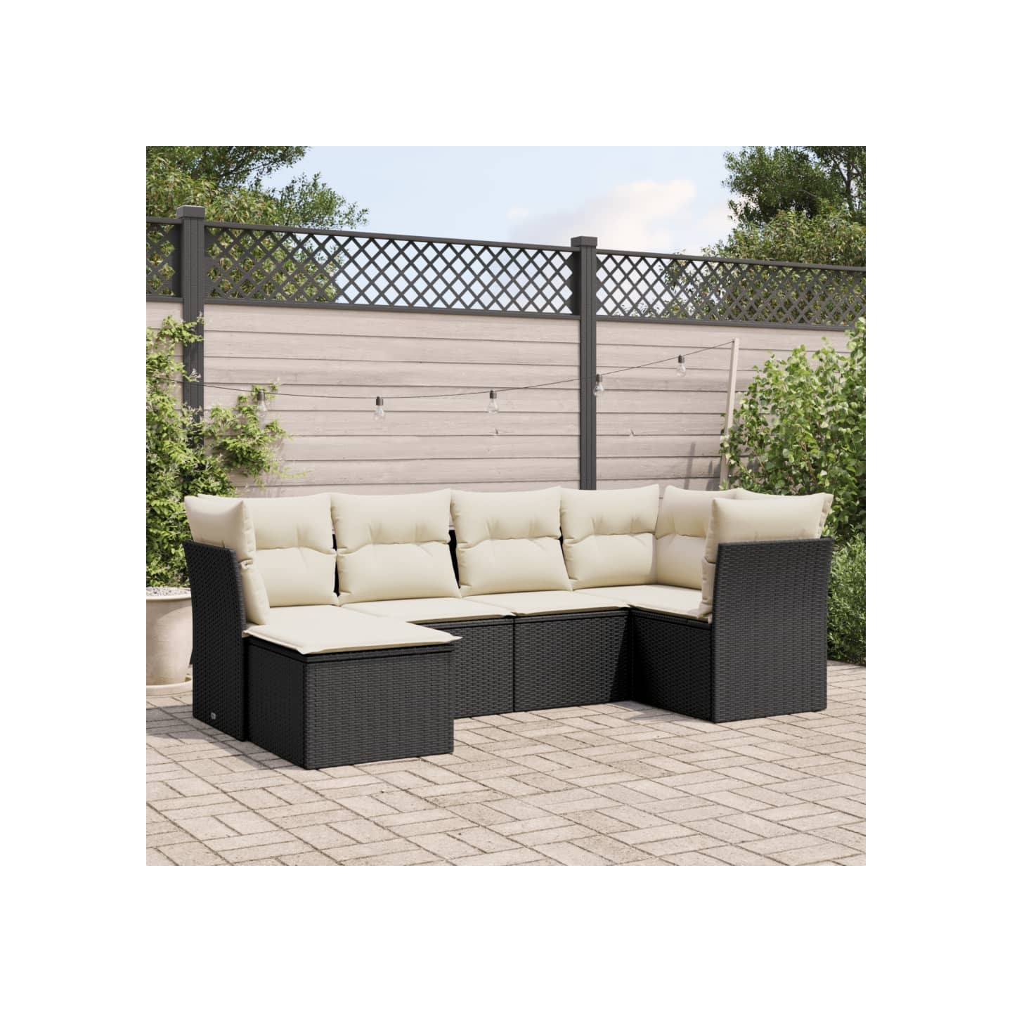 Salon de jardin 6 pcs avec coussins noir résine tressée