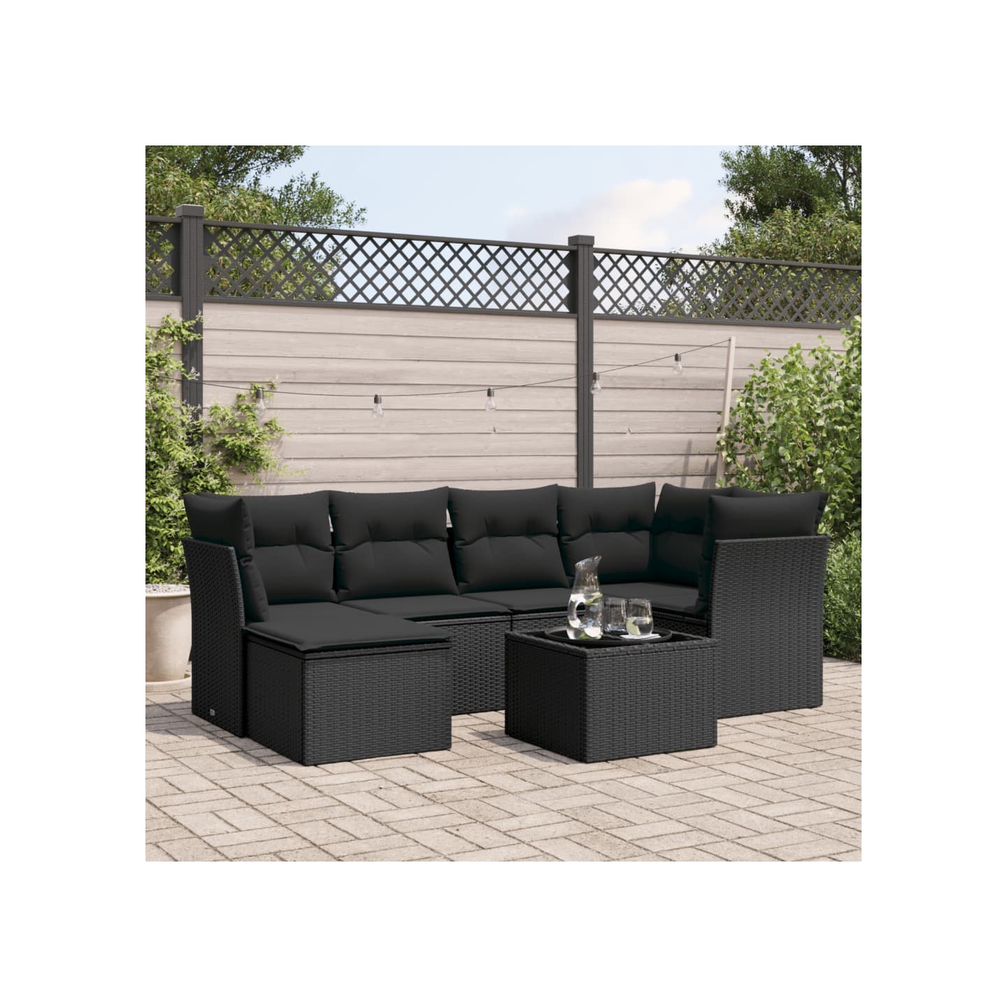 Salon de jardin 7 pcs avec coussins noir résine tressée