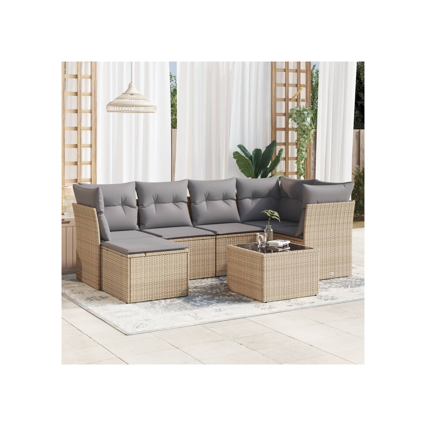 Salon de jardin avec coussins 7 pcs beige résine tressée