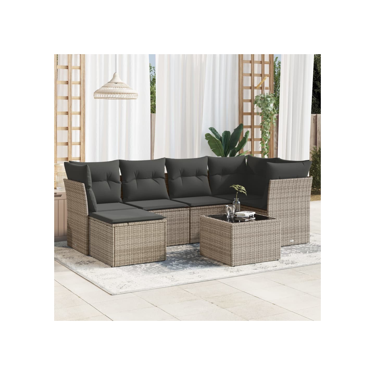 Salon de jardin avec coussins 7 pcs gris résine tressée