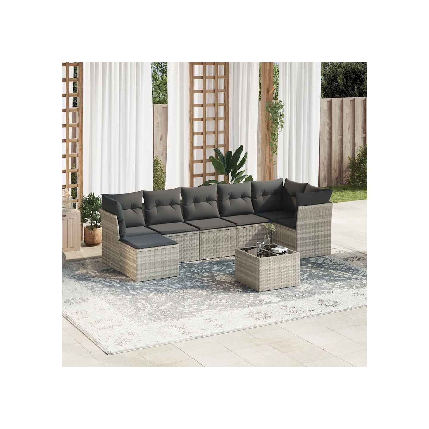 Salon de jardin 8 pcs avec coussins gris clair résine tressée
