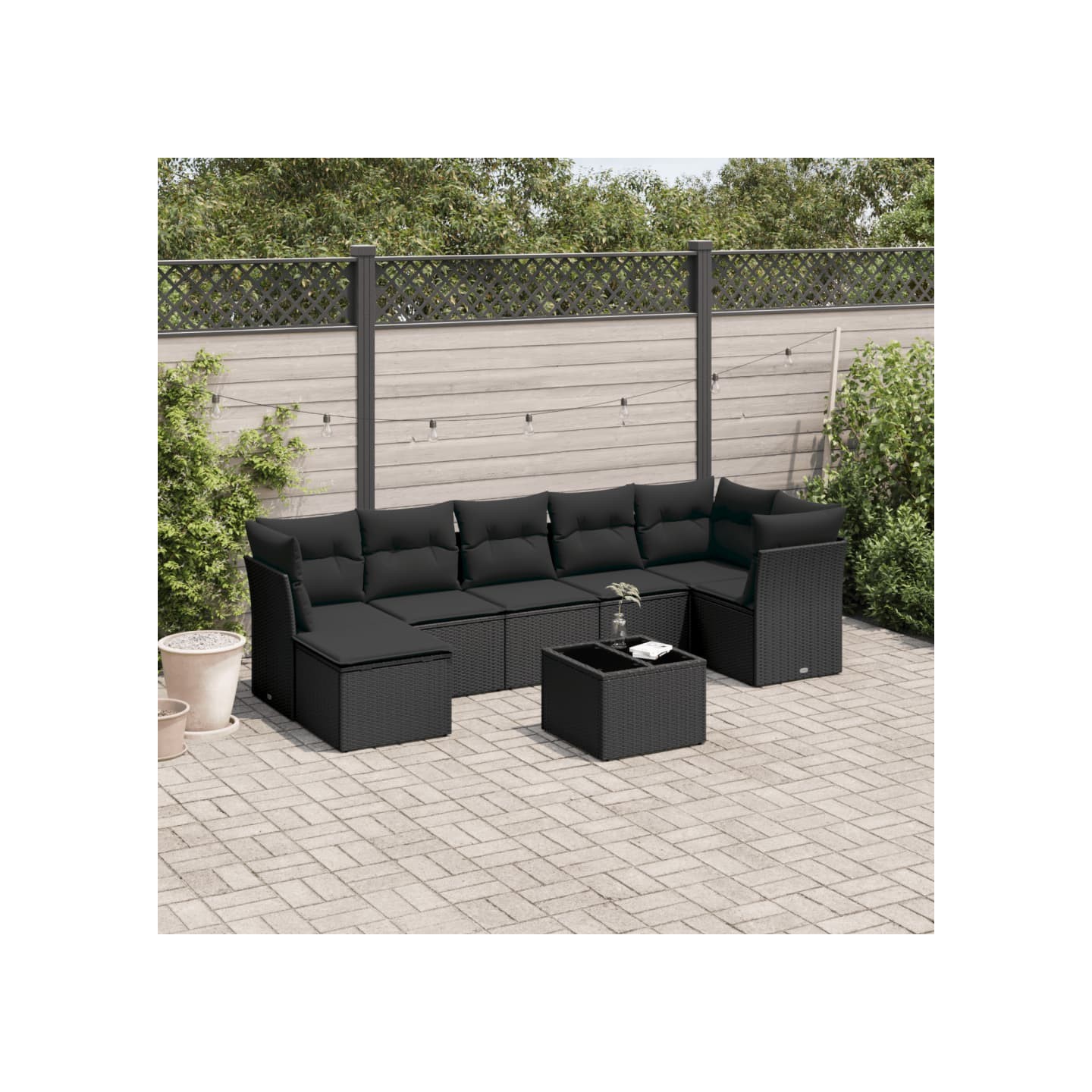 Salon de jardin 8 pcs avec coussins noir résine tressée