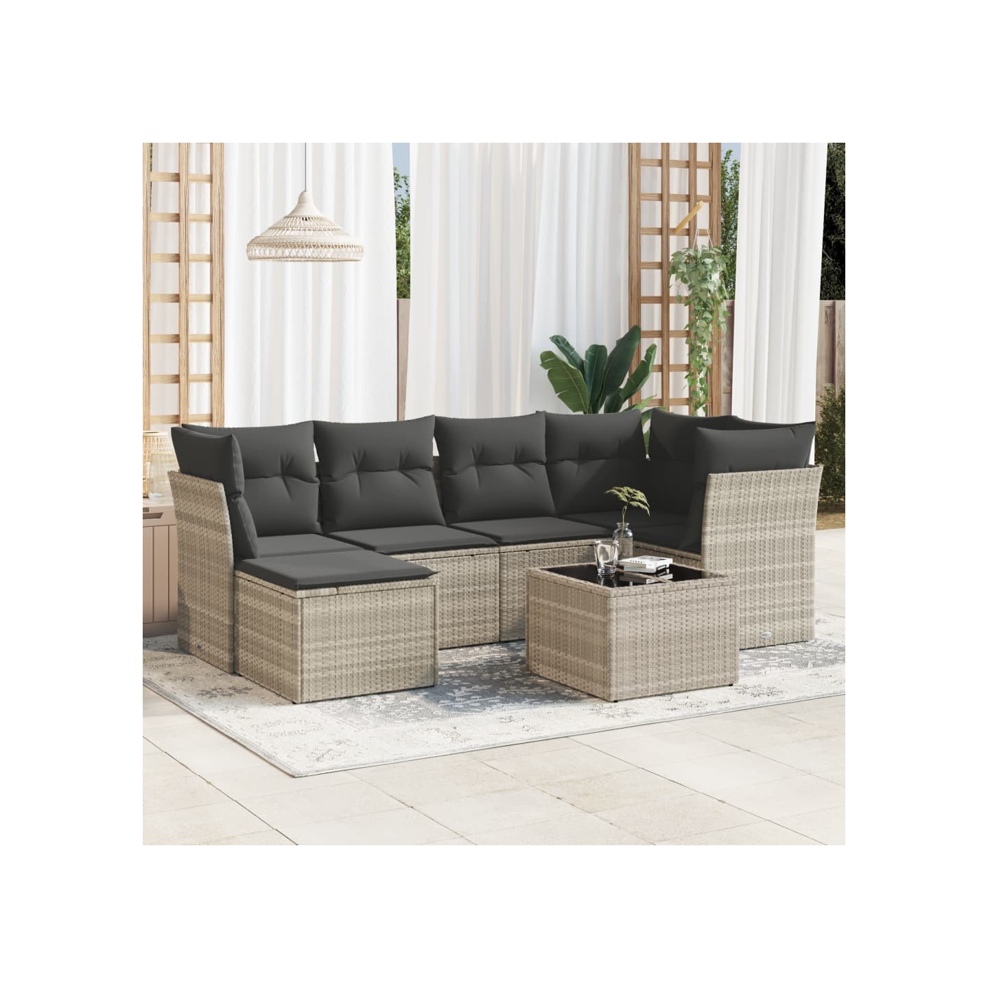 Salon de jardin avec coussins 7 pcs gris clair résine tressée