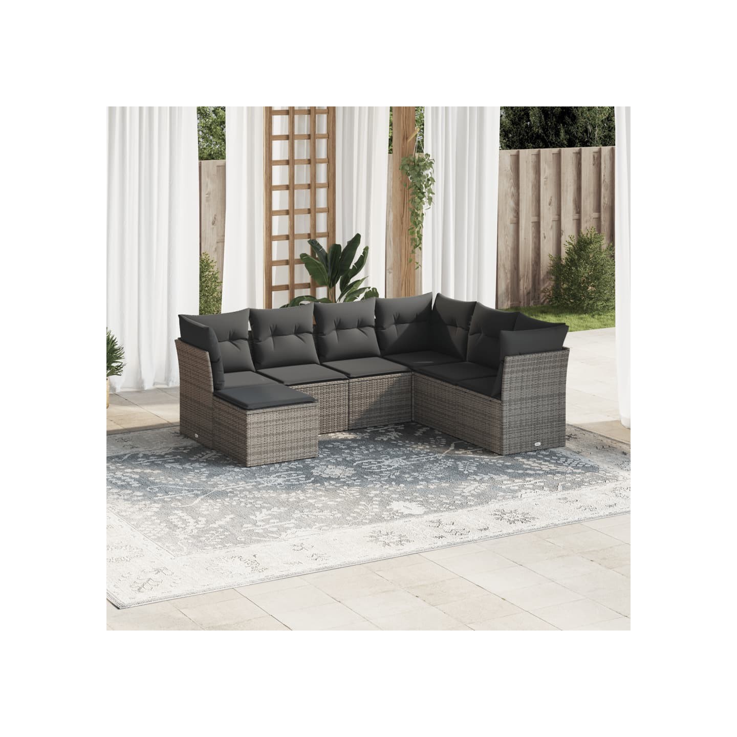 Salon de jardin avec coussins 7 pcs gris résine tressée