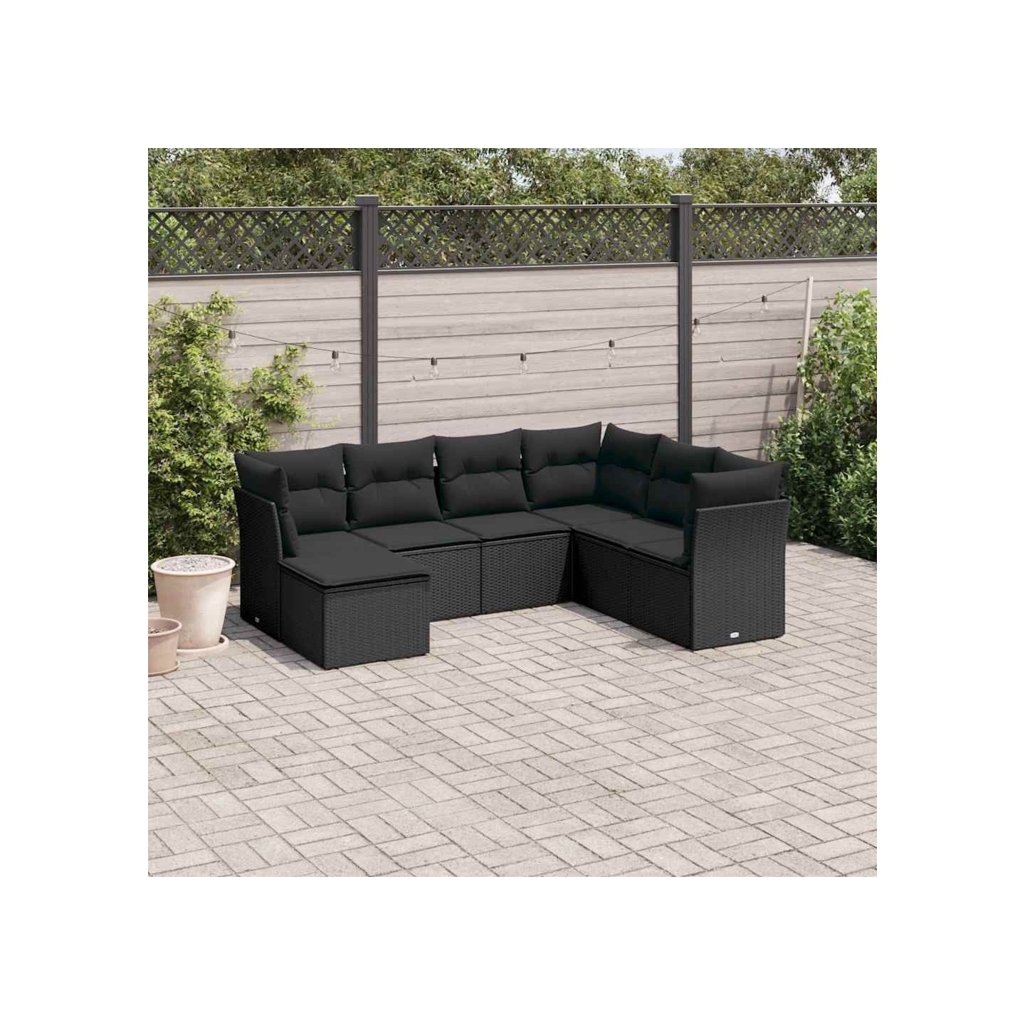 Salon de jardin 7 pcs avec coussins noir résine tressée