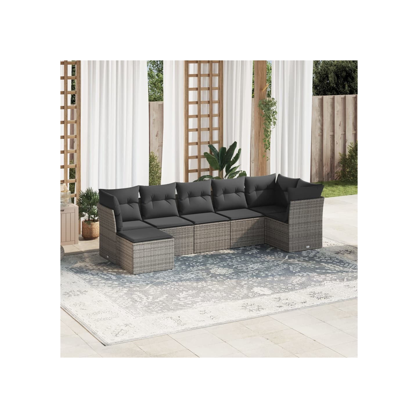 Salon de jardin avec coussins 7 pcs gris résine tressée