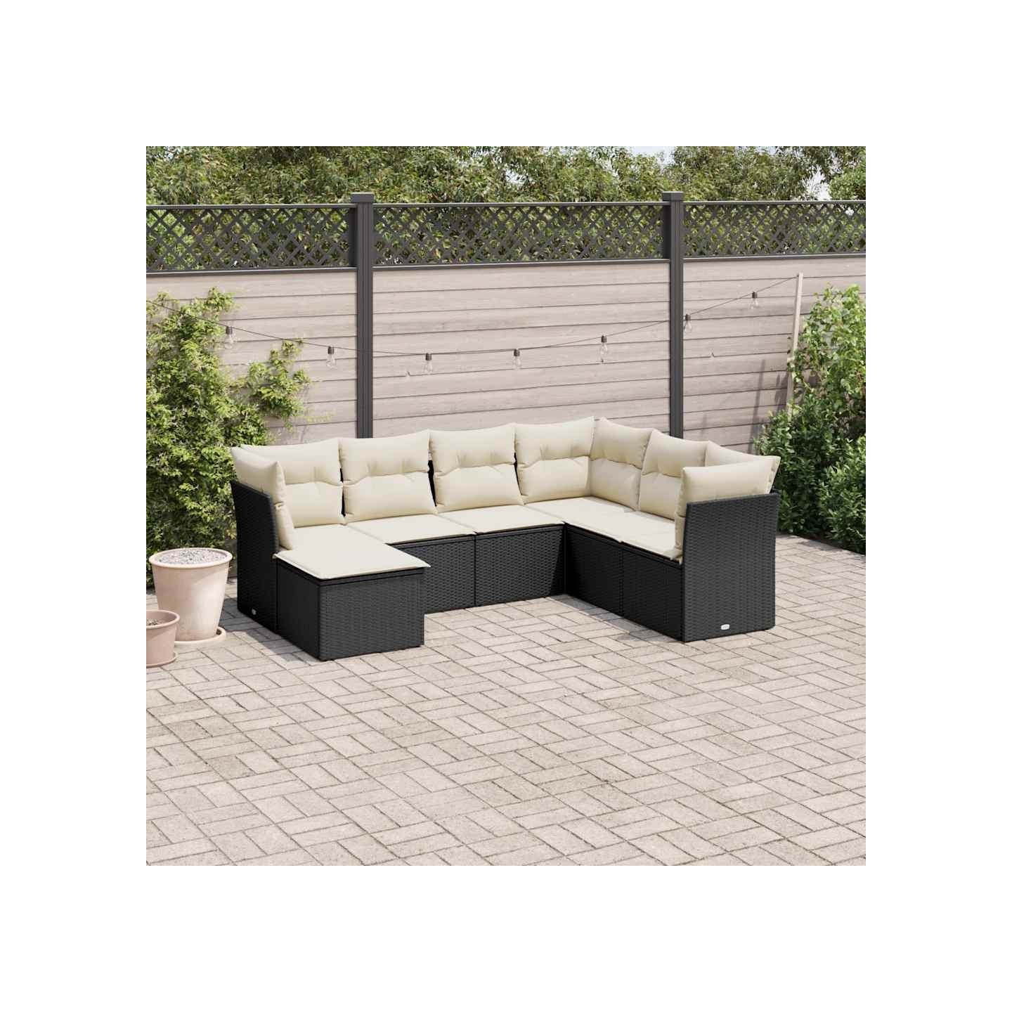 Salon de jardin 7 pcs avec coussins noir résine tressée