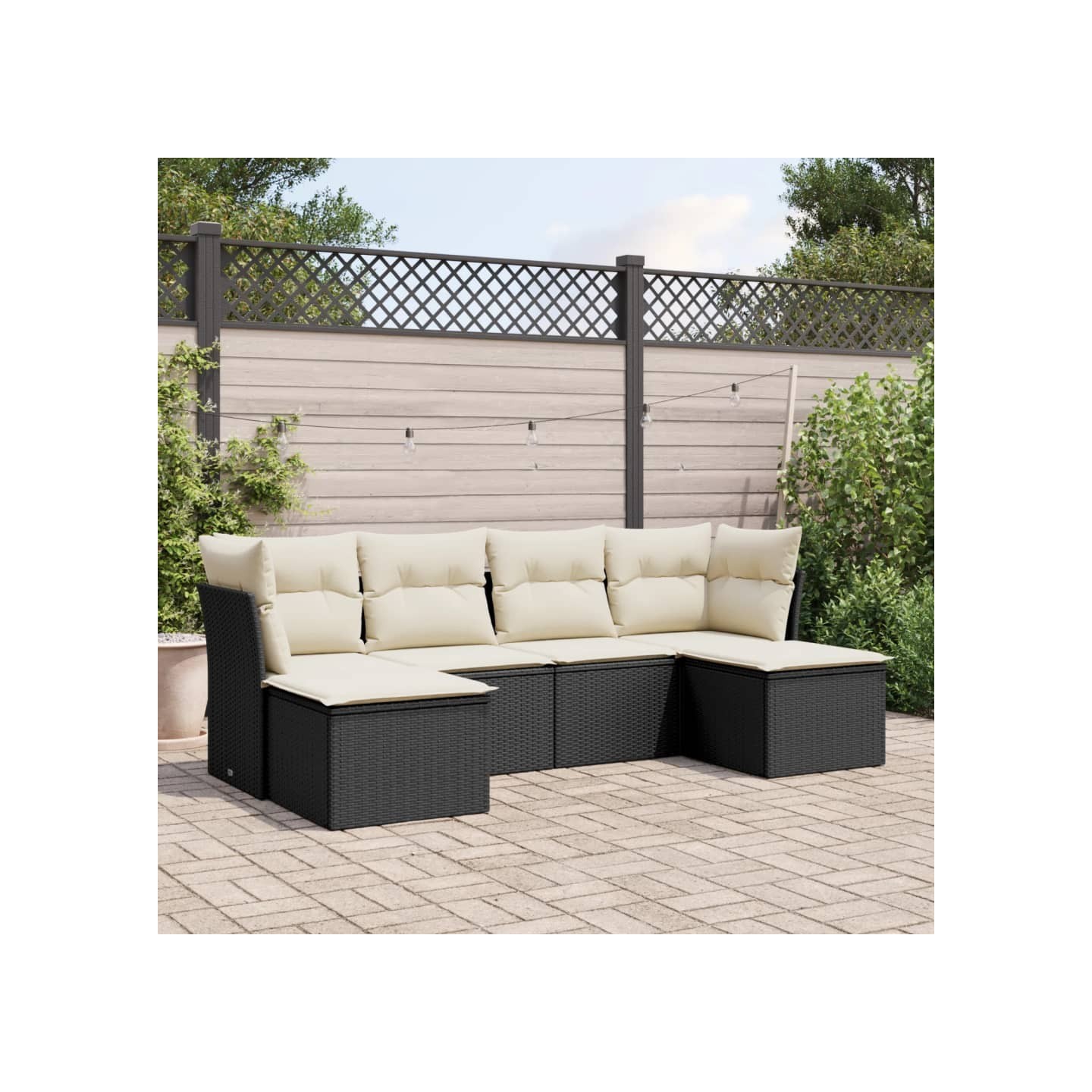 Salon de jardin 6 pcs avec coussins noir résine tressée
