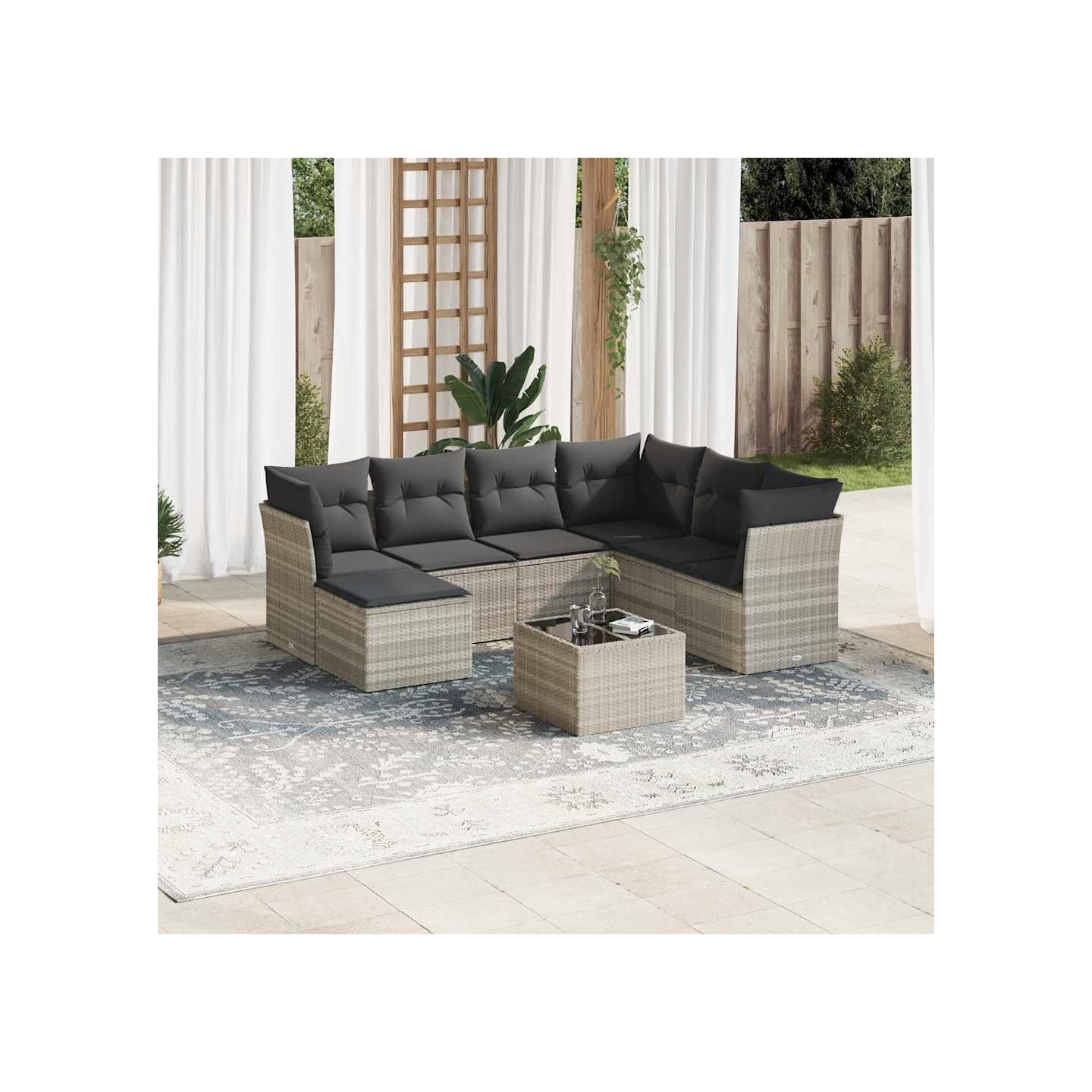 Salon de jardin 8 pcs avec coussins gris clair résine tressée