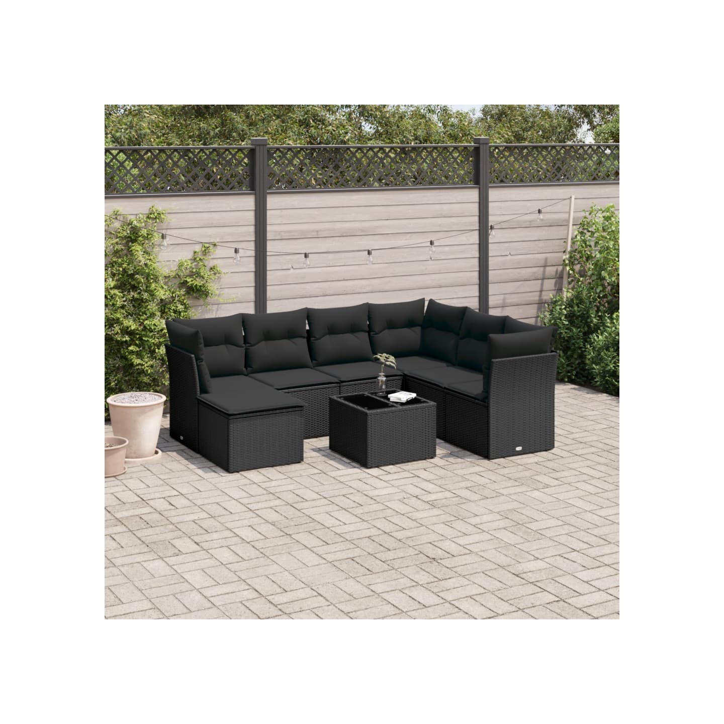 Salon de jardin 8 pcs avec coussins noir résine tressée