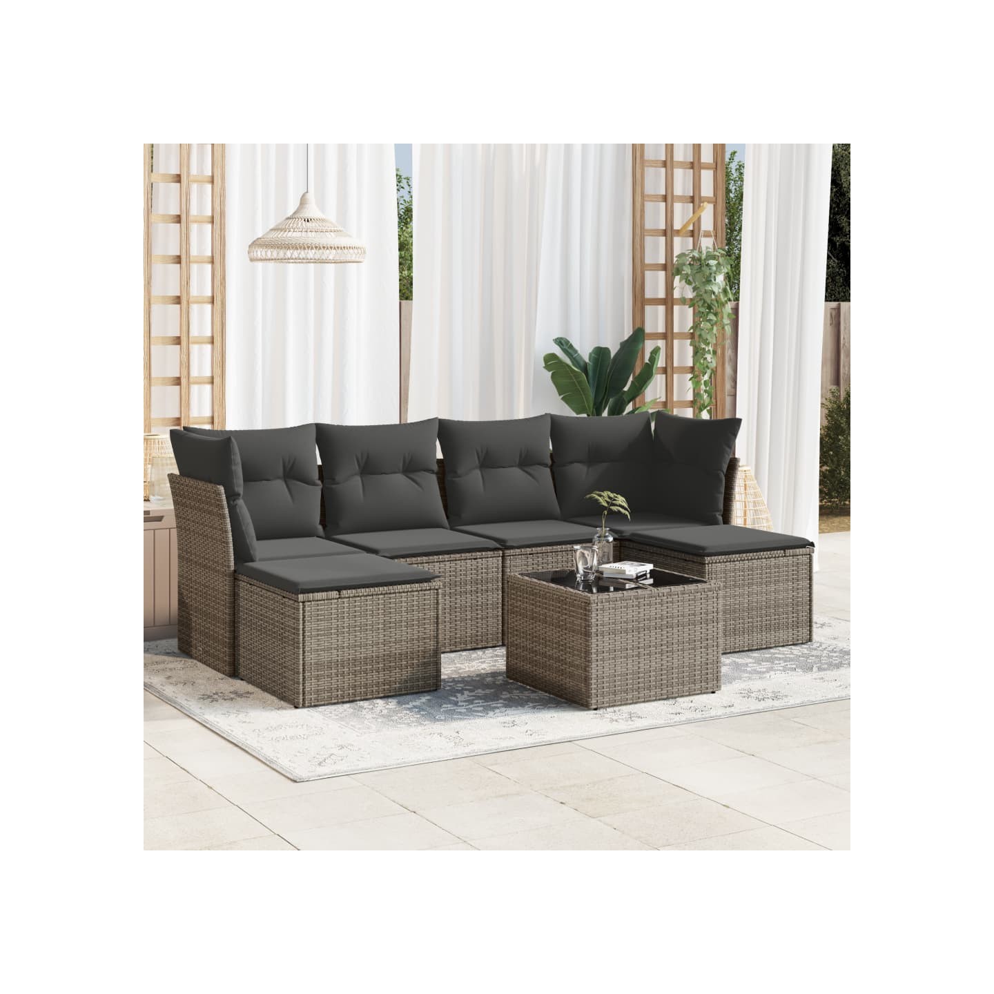 Salon de jardin avec coussins 7 pcs gris résine tressée