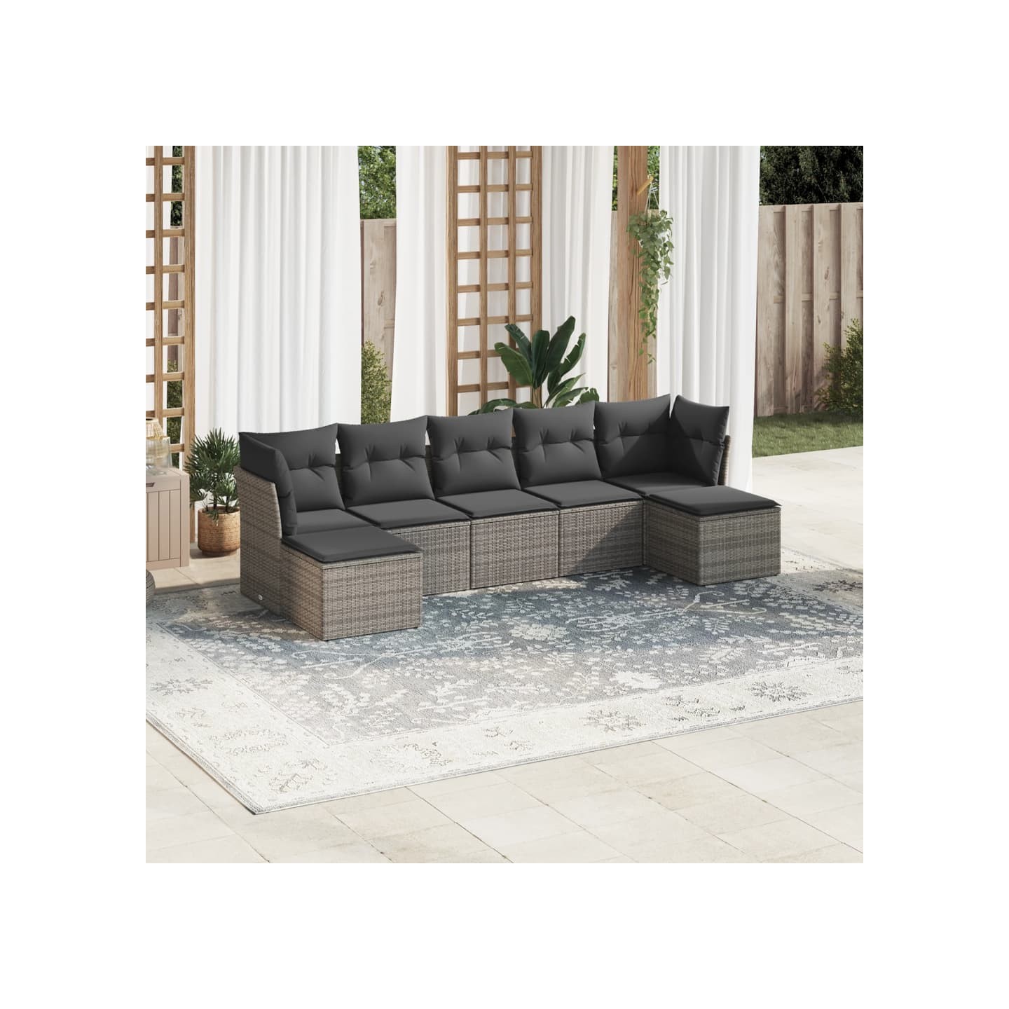 Salon de jardin avec coussins 7 pcs gris résine tressée