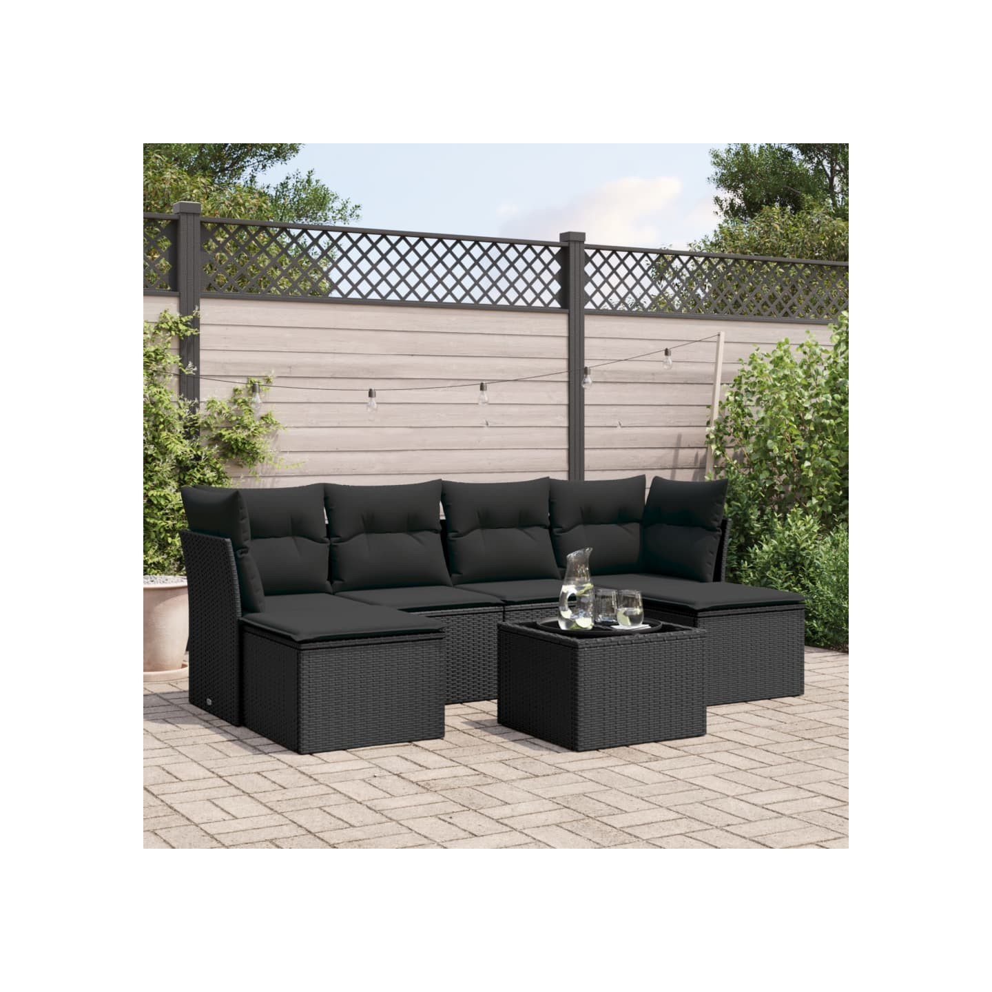 Salon de jardin 7 pcs avec coussins noir résine tressée
