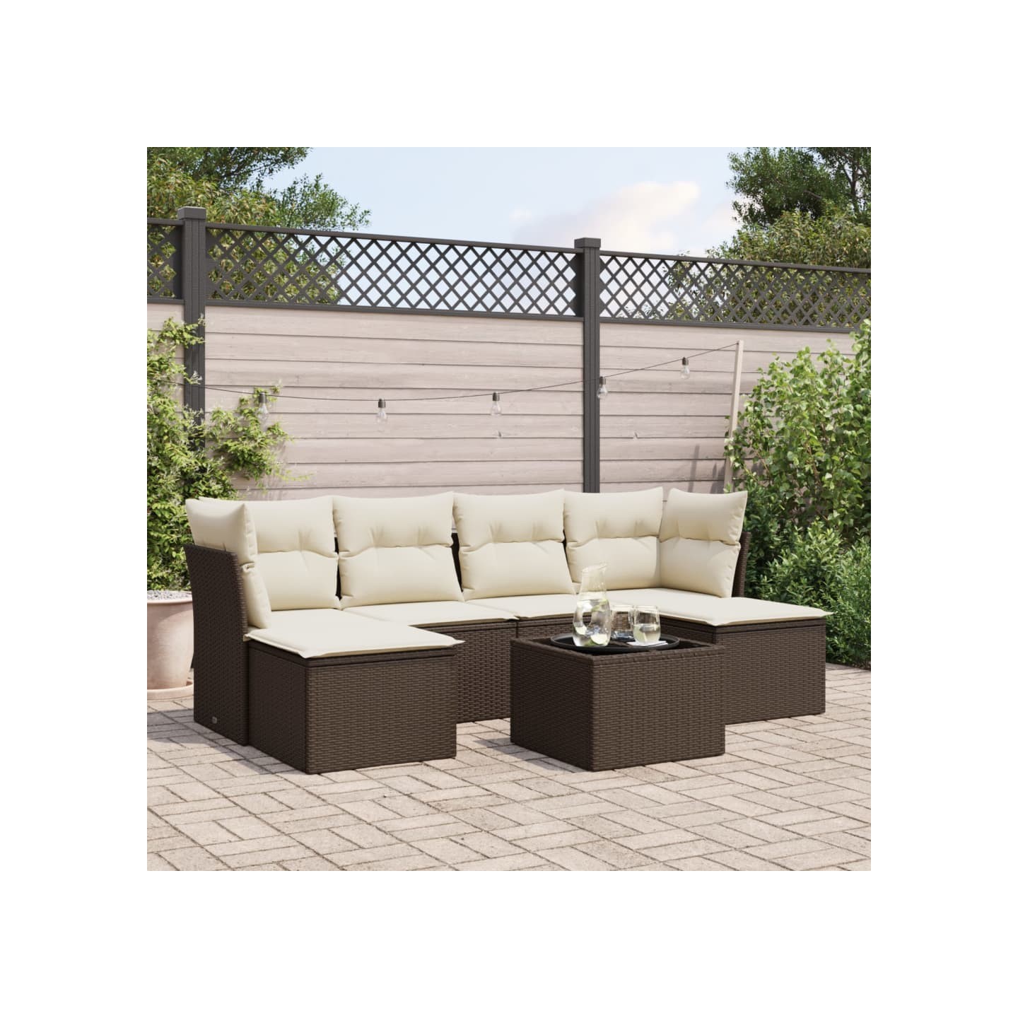 Salon de jardin avec coussins 7 pcs marron résine tressée