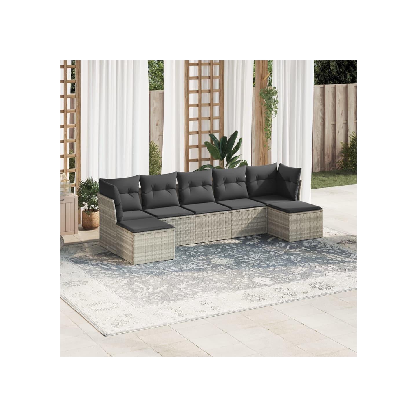 Salon de jardin avec coussins 7 pcs gris clair résine tressée