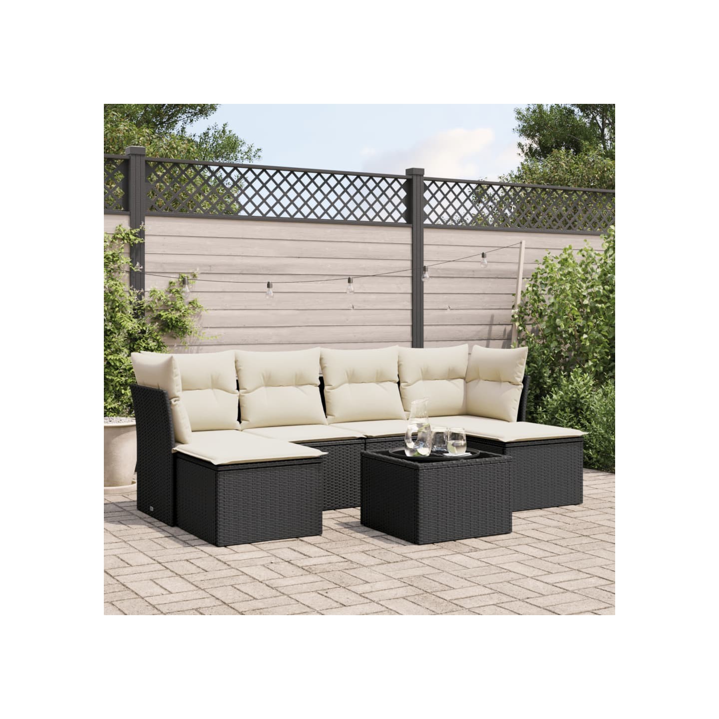 Salon de jardin 7 pcs avec coussins noir résine tressée