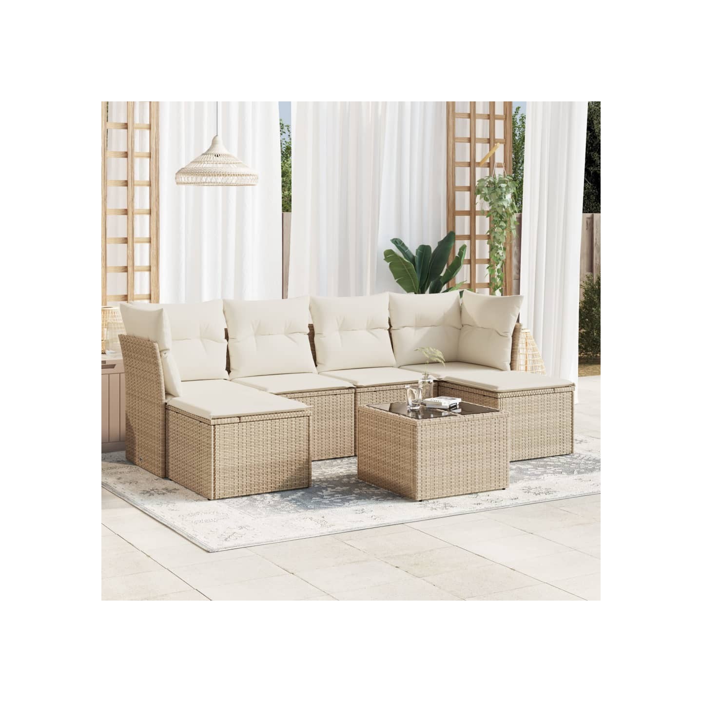 Salon de jardin avec coussins 7 pcs beige résine tressée