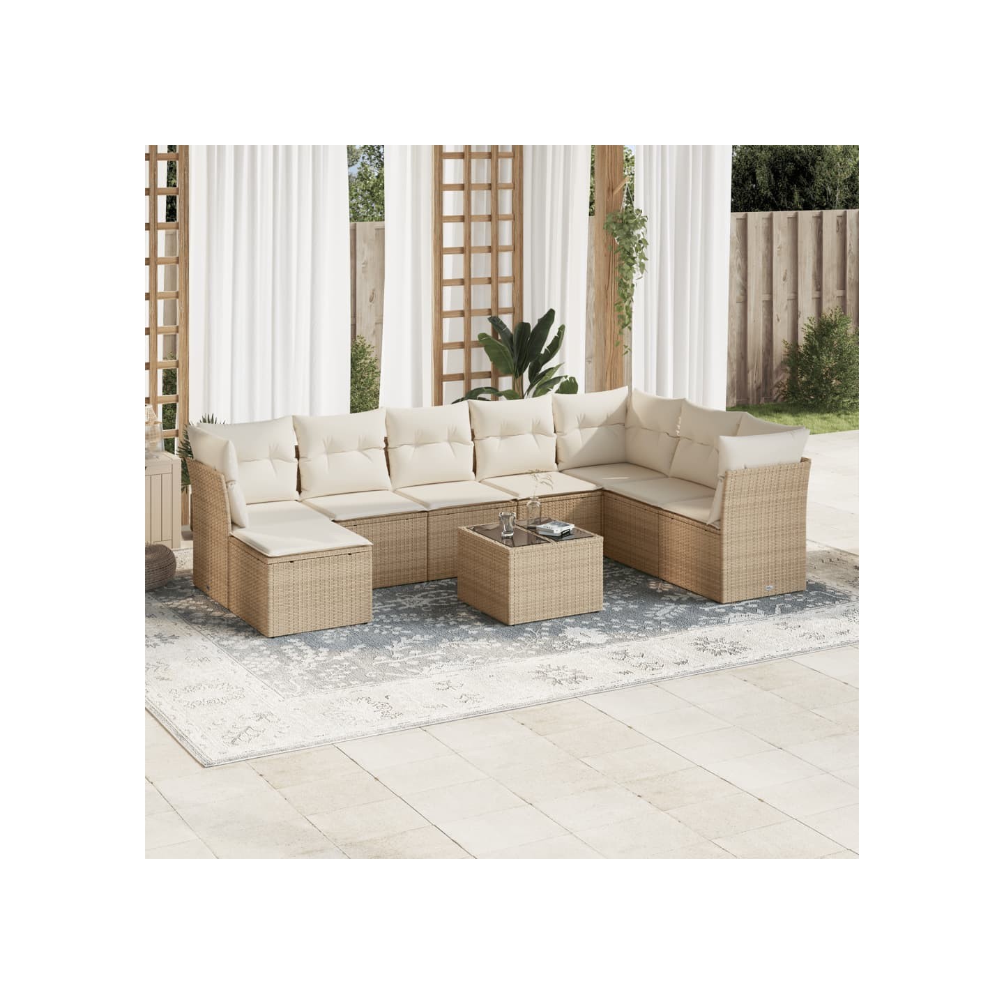 Salon de jardin avec coussins 9 pcs beige résine tressée