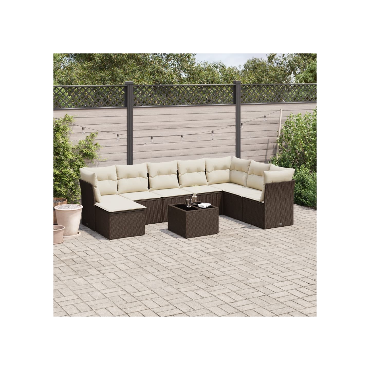 Salon de jardin avec coussins 9 pcs marron résine tressée