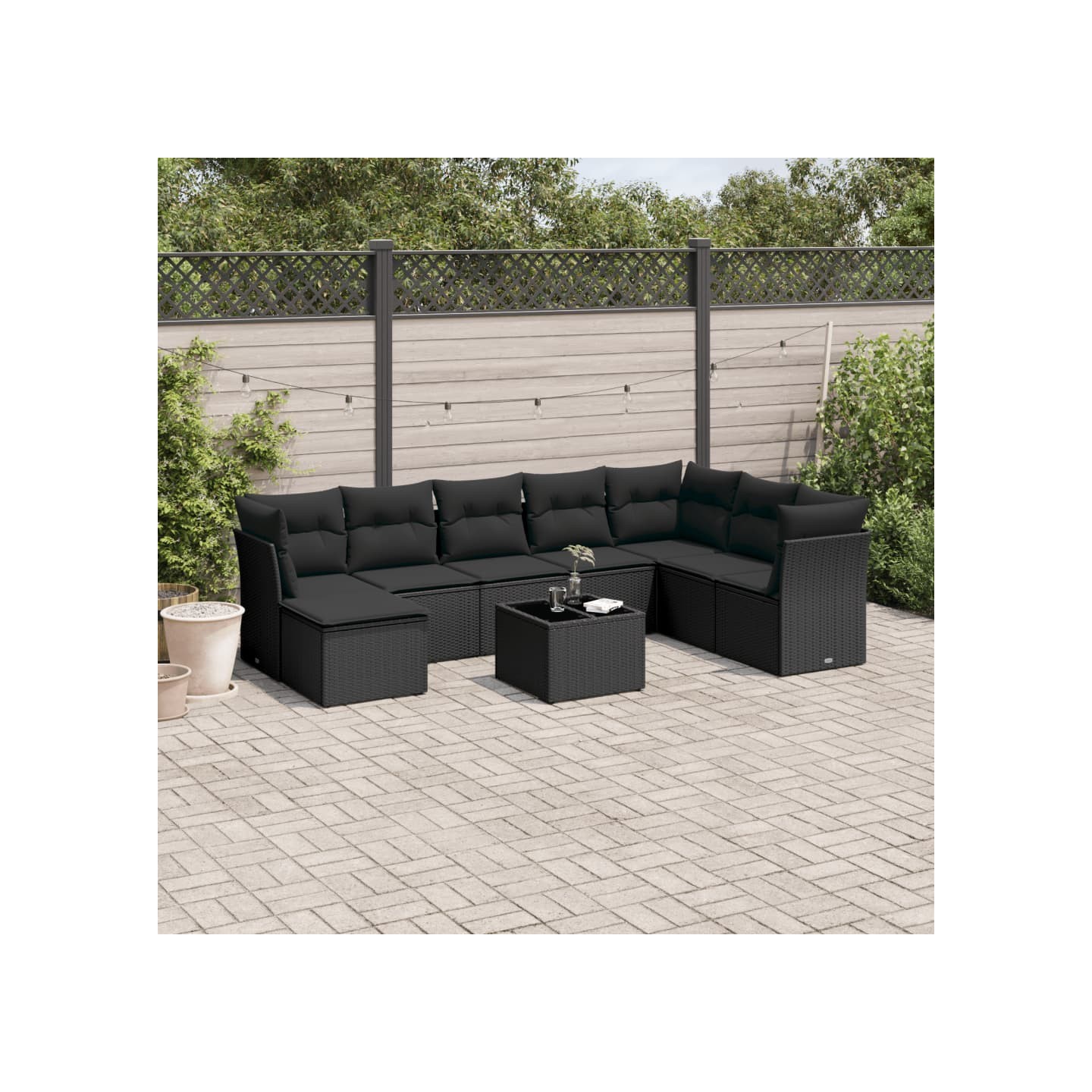 Salon de jardin 9 pcs avec coussins noir résine tressée