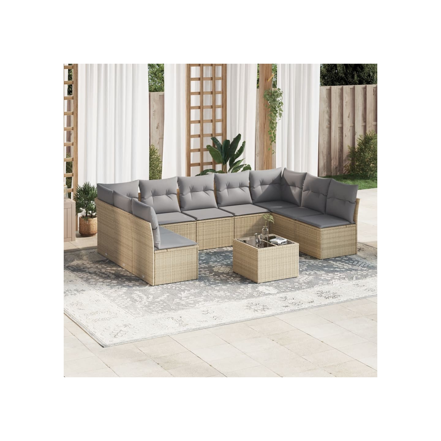 Salon de jardin avec coussins 10 pcs beige résine tressée