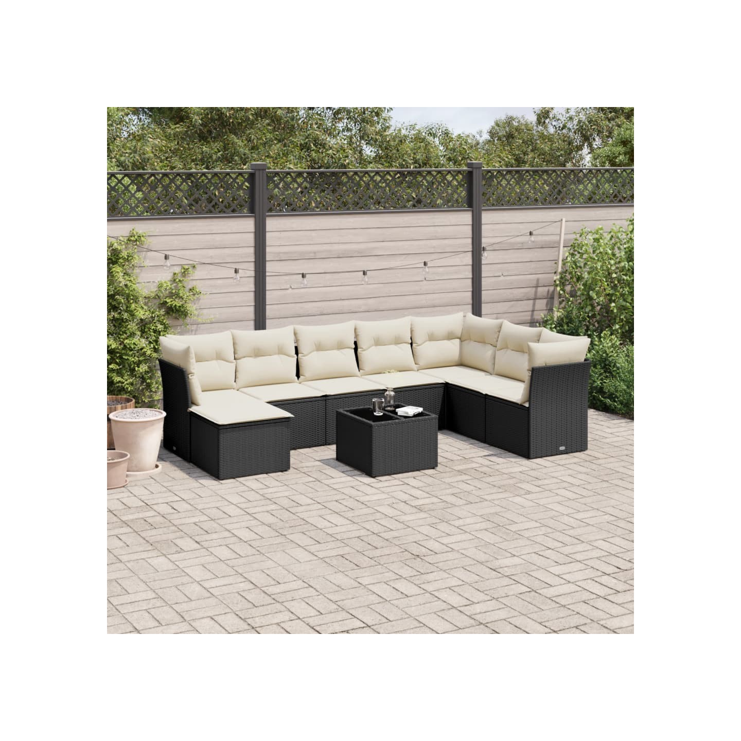 Salon de jardin 9 pcs avec coussins noir résine tressée
